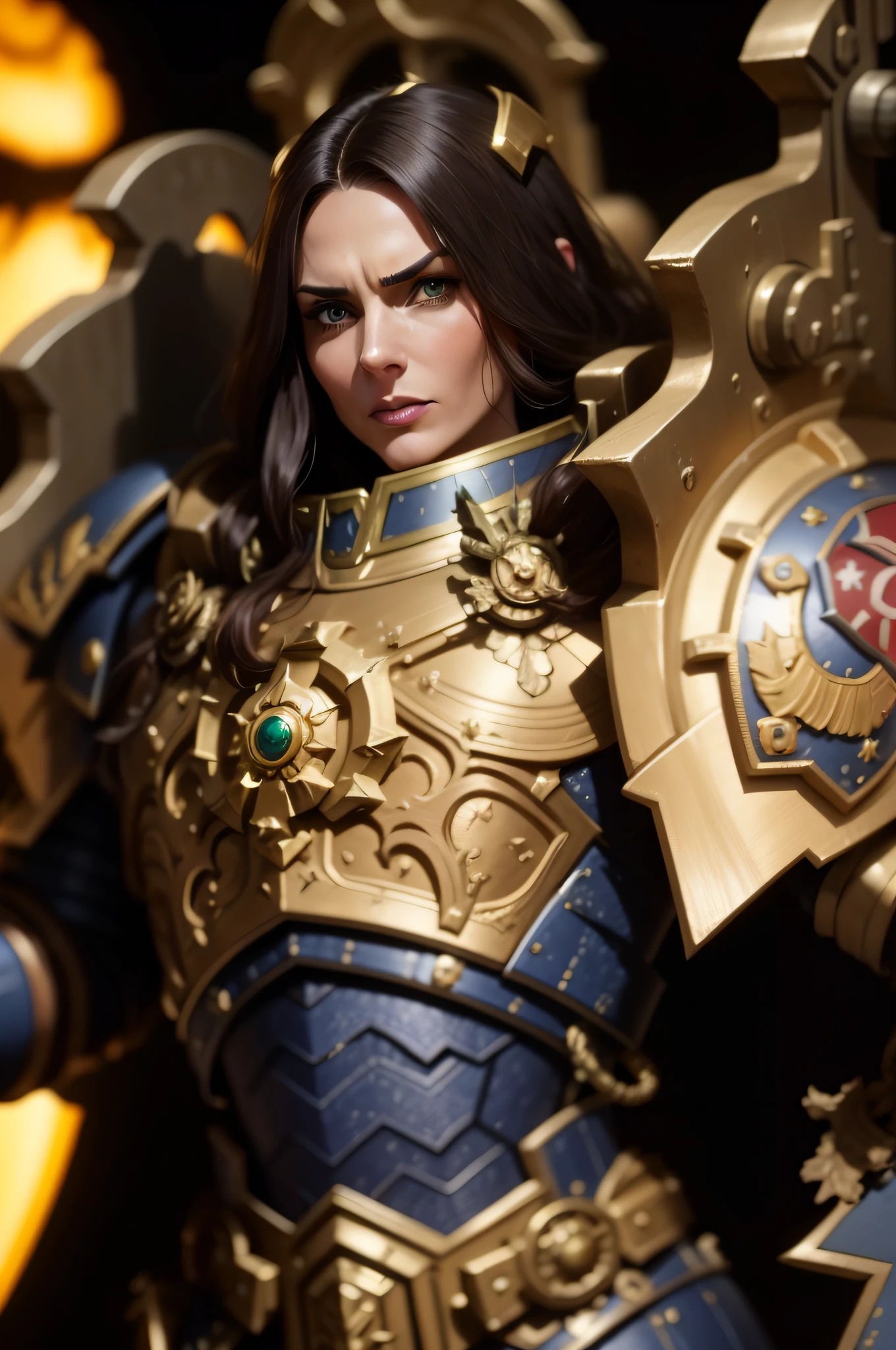 40 year old women, fabulous, gorgeous, best quality, 8k, European, long brunette hair, green eyes, aggressive facial expression, space marine, Fujifilm, 12k, gothic, dark, ultra sharp, new armor, NSFW, syberpunk