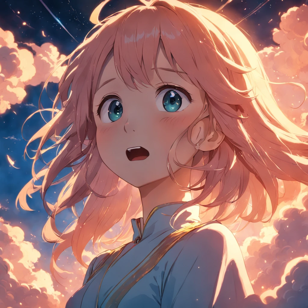 masterpiece, best quality, movie still, 1girl, cloud girl, floating in the sky, close-up, bright, happy, warm soft lighting, sunset, (sparks:0.7)