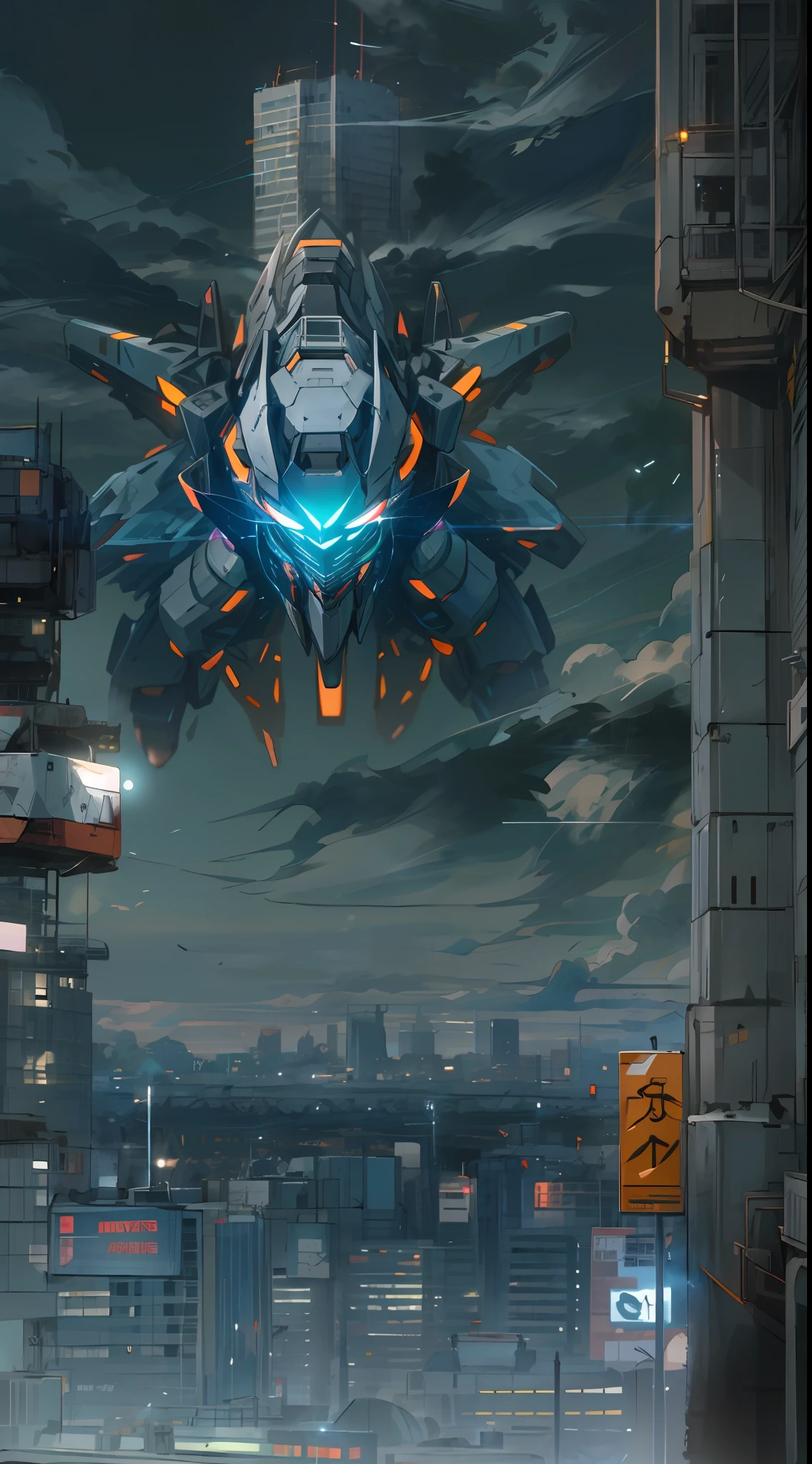 sky, cloud, holding_weapon, no_humans, glowing, , robot, building, glowing_eyes, mecha, science_fiction, city, realistic,mecha