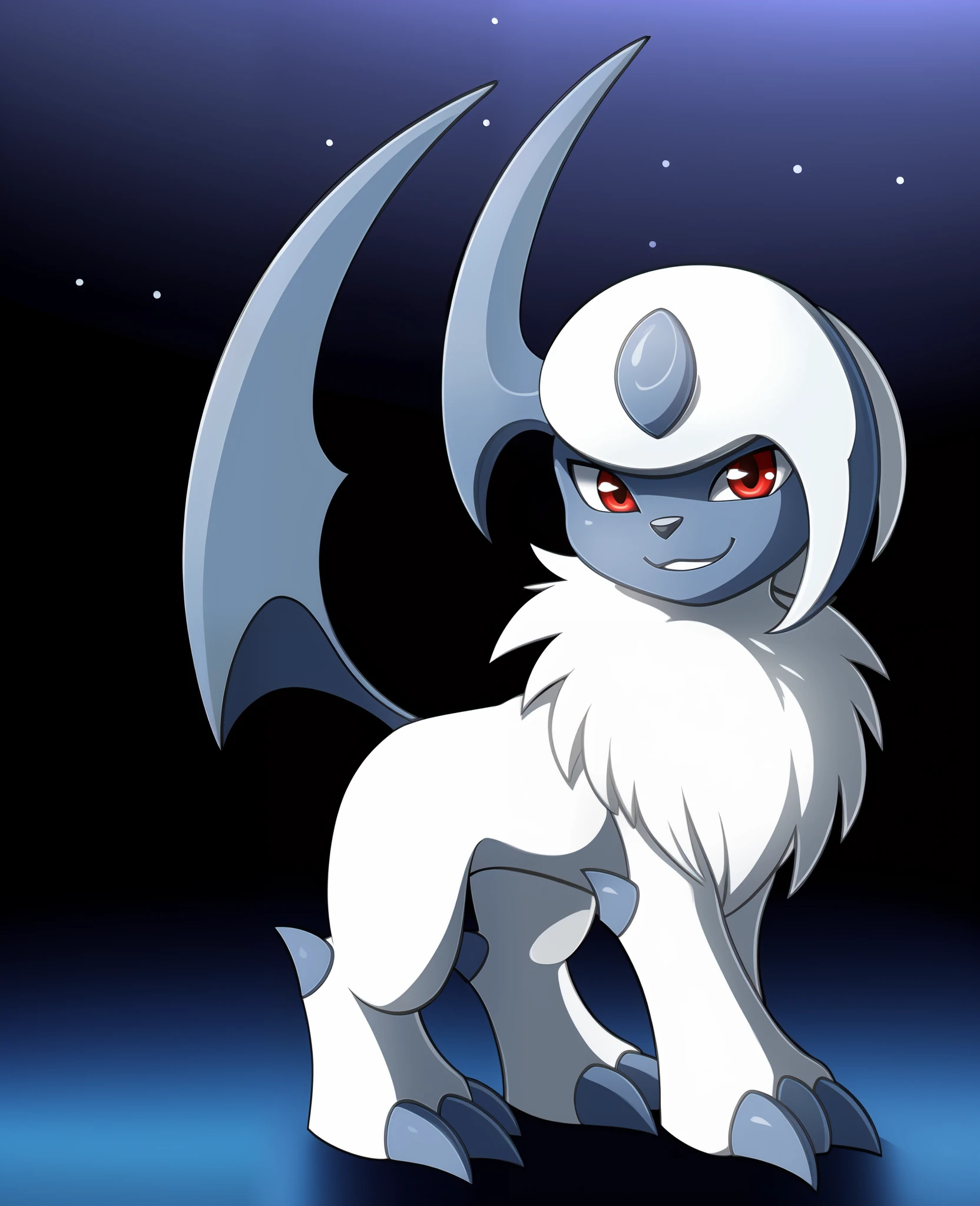 Absol, Pokemon, white fur, grayish horn, red eyes, smiling, cute, masterpiece, full body