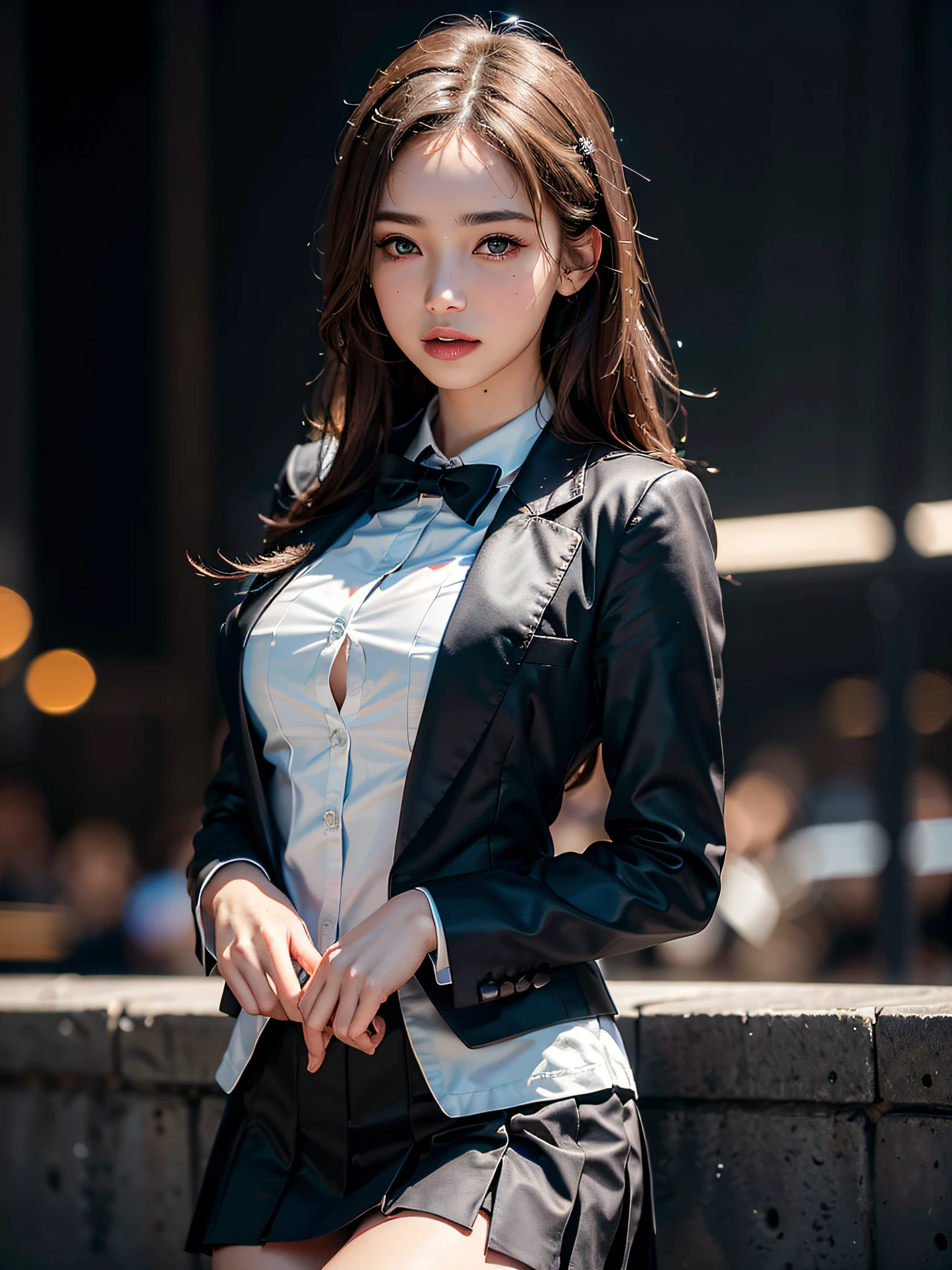 best quality, masterpiece, 1girl, Beautiful face, (photo realistic:1.3), rim lighting, (high detailed skin:1.2), 8k uhd, dslr, high quality, high resolution, 4k, 8k, Bokeh,  absurdres, best ratio four finger and one thumb, (realistic:1.3), cute 1girl, wearing black formal blazer, medium breasts, short skirt,