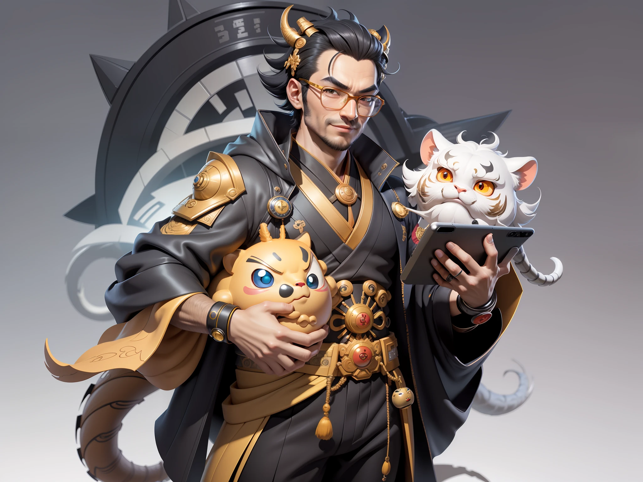 (Masterpiece), (Excellent), (Super Meticulous), (Full Body: 1.2), Super Young Man with Japanese Female Geisha, Pretty, Beautiful, Chinese Dragon, Tiger, Wind God Thor, Sexy, Bursting, Oriental Face, TV Anchor, Bust Portrait Illustration, Black Suit, Blue Tie, Slightly Chubby Face, Silver Glasses, Very Clean Face, No Beard on Chin, Black Super Short Hair, Black Eyes, Confident Smile, 3c Computer Sub-Products, iPad, iPhone, Digital Painting, 3D character design by Mark Clairedon and Pixar and Hayao Miyazaki and Akira Toriyama, the illustrations are HD illustrations in 4K resolution with highly detailed facial features and cartoon-style visuals.