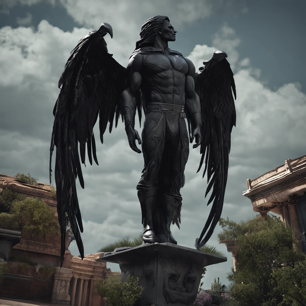 a close up of a noir black statue like male with large wings, humanoid male, faceless, devoid of a face and hair, lack of facial features, plain face, flat mask, angel of death, unreal engine render + a god, villain has black wings, no face, plain face, muscular build, garden background, intricate garden background, y2k animation, gritty,