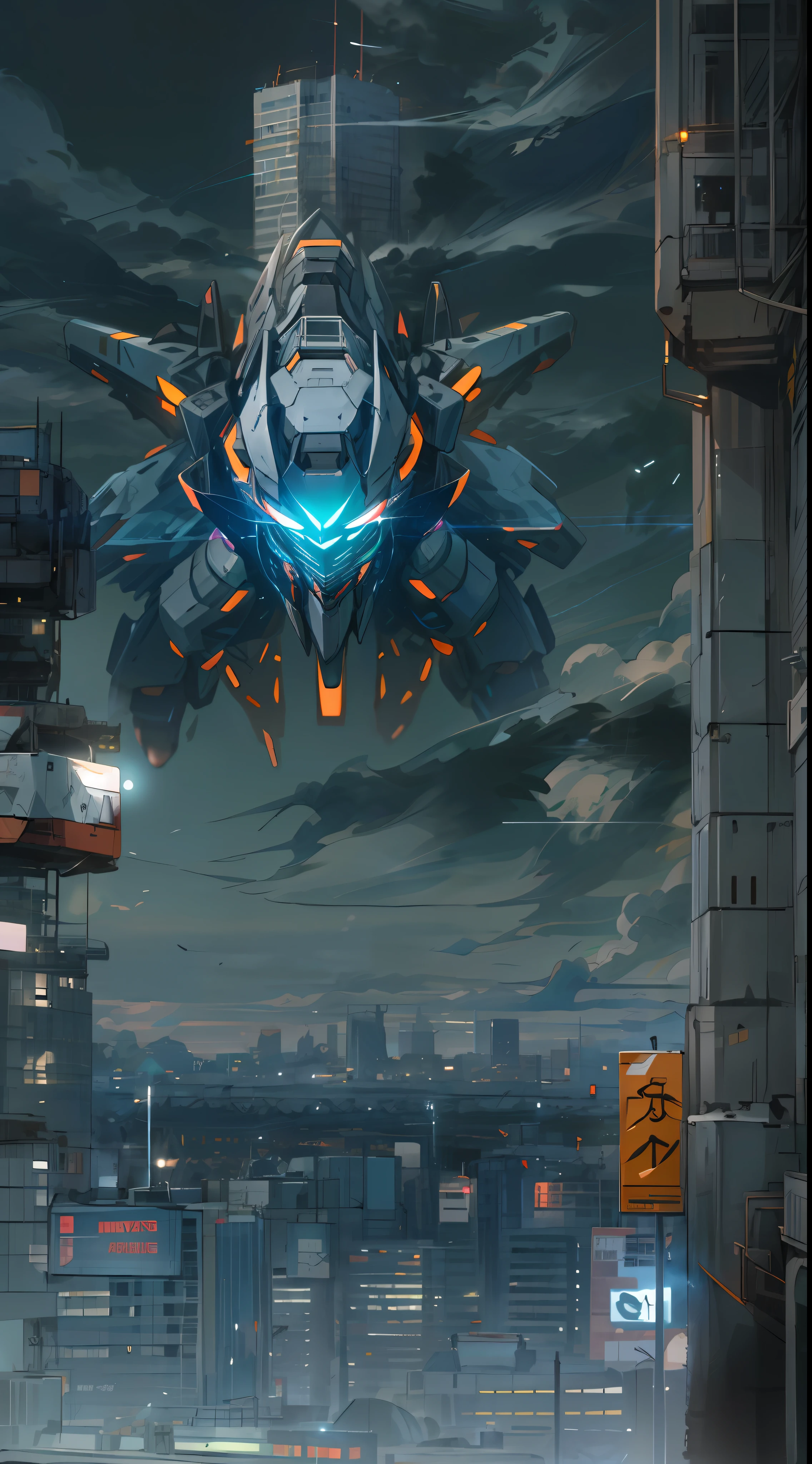 sky, cloud, holding_weapon, no_humans, glowing, , robot, building, glowing_eyes, mecha, science_fiction, city, realistic,mecha
