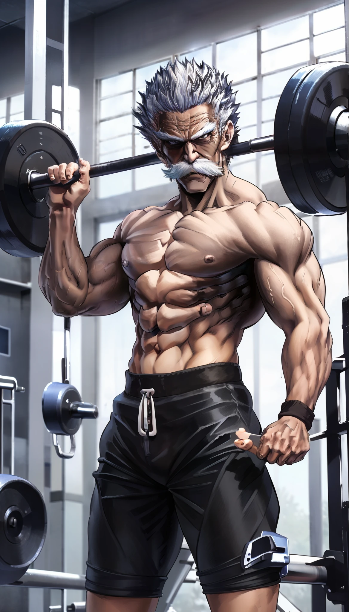Boy, gym, muscular, right hand lifting barbell, stocky body, gym pose, elegant pose, stand pose, black pants colors, white hair colors, white eyebrow colors, white moustache colors, black eyeball colors, five fingers in the right hand, five fingers on the left hand,  in gym room, realistic