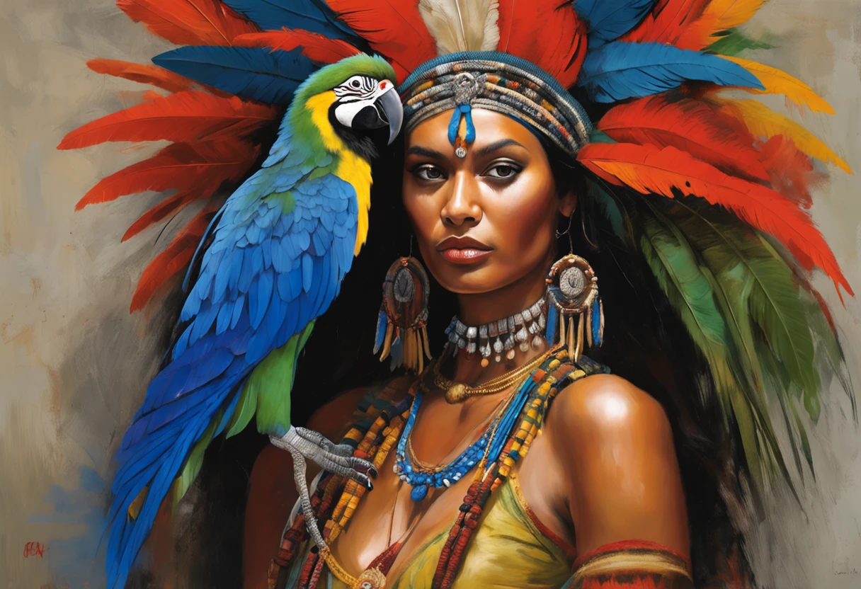 In this breathtaking RAW photograph, we witness the captivating beauty of a Xavante India girl. With her gaze averted and serious eyes, she emanates a sense of depth and intensity. Her full body is adorned with an extraordinary feature - her hair, composed of countless macaw blue parrot feathers, cascades down her back. Her honey eyes hold an enchanting allure, adding to the overall allure of this masterpiece. The realism captured in this image is of the highest quality, showcasing the artist's exceptional skill. The model's extreme tanned skin and long, straight black hair that falls gracefully over her bare chest create a striking contrast. Adorned with a magnificent headdress made of huge macaw blue parrot feathers, her features are further accentuated, including her prominent cheeks, long legs, and curvaceous figure. The indigenous yellow and green breast and facial paintings add a touch of cultural authenticity to the composition. The model's naturally hairy body is complemented by a stunning macaw blue parrot feather necklace. Her face, with a regal aura, is framed by a metal carved top, creating an air of sophistication. This artwork has gained considerable popularity, trending on platforms like ArtStation, and is signed by the talented artist known as bugmAIster. The sharp focus and studio setting highlight the intricate details of this photograph, particularly the model's expressive eyes. It is a digital render created with professional expertise, ensuring a 4k resolution. The use of a 50mm portrait lens and hard rim lighting technique adds depth and dimension to the image, elevating it to a truly remarkable piece of art., HDR, UHD, 64k, RTX, sharp, sharp focus, highly detailed, intricate detail, professional, artistic flow, ultra detailed, high resolution photography