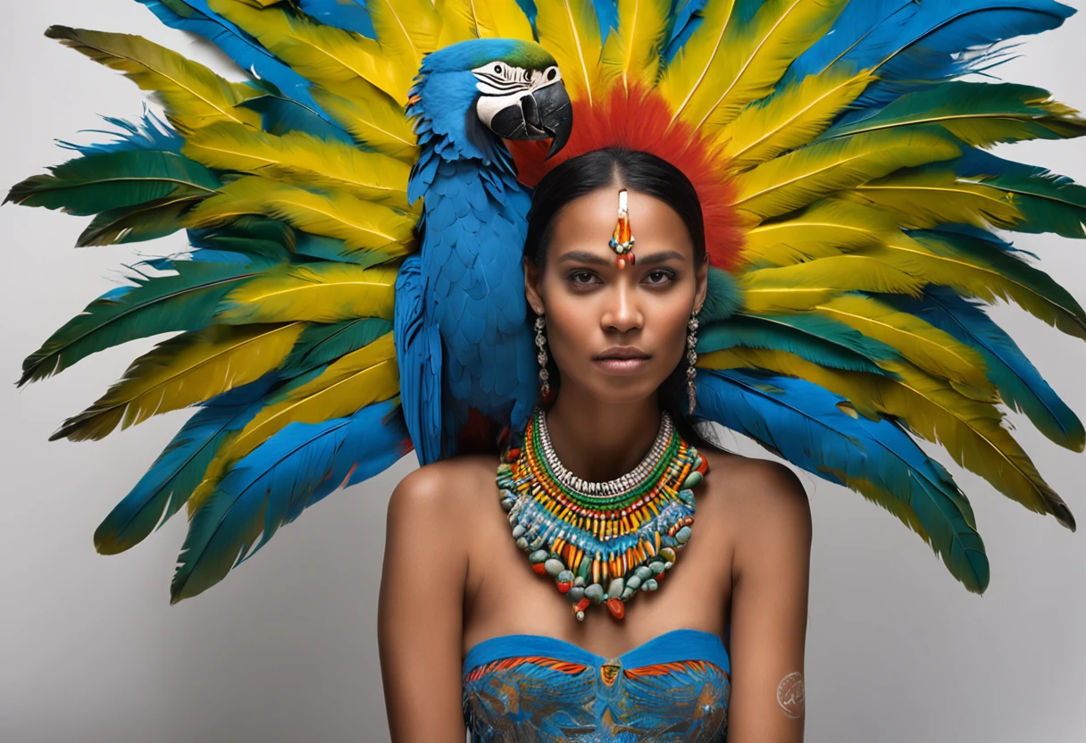 In this breathtaking RAW photograph, we witness the captivating beauty of a Xavante India girl. With her gaze averted and serious eyes, she emanates a sense of depth and intensity. Her full body is adorned with an extraordinary feature - her hair, composed of countless macaw blue parrot feathers, cascades down her back. Her honey eyes hold an enchanting allure, adding to the overall allure of this masterpiece. The realism captured in this image is of the highest quality, showcasing the artist's exceptional skill. The model's extreme tanned skin and long, straight black hair that falls gracefully over her bare chest create a striking contrast. Adorned with a magnificent headdress made of huge macaw blue parrot feathers, her features are further accentuated, including her prominent cheeks, long legs, and curvaceous figure. The indigenous yellow and green breast and facial paintings add a touch of cultural authenticity to the composition. The model's naturally hairy body is complemented by a stunning macaw blue parrot feather necklace. Her face, with a regal aura, is framed by a metal carved top, creating an air of sophistication. This artwork has gained considerable popularity, trending on platforms like ArtStation, and is signed by the talented artist known as bugmAIster. The sharp focus and studio setting highlight the intricate details of this photograph, particularly the model's expressive eyes. It is a digital render created with professional expertise, ensuring a 4k resolution. The use of a 50mm portrait lens and hard rim lighting technique adds depth and dimension to the image, elevating it to a truly remarkable piece of art., HDR, UHD, 64k, RTX, sharp, sharp focus, highly detailed, intricate detail, professional, artistic flow, ultra detailed, high resolution photography