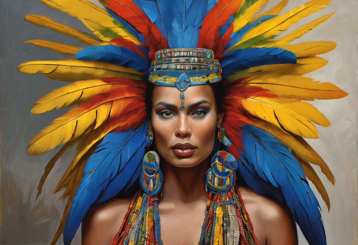 In this breathtaking RAW photograph, we witness the captivating beauty of a Xavante India girl. With her gaze averted and serious eyes, she emanates a sense of depth and intensity. Her full body is adorned with an extraordinary feature - her hair, composed of countless macaw blue parrot feathers, cascades down her back. Her honey eyes hold an enchanting allure, adding to the overall allure of this masterpiece. The realism captured in this image is of the highest quality, showcasing the artist's exceptional skill. The model's extreme tanned skin and long, straight black hair that falls gracefully over her bare chest create a striking contrast. Adorned with a magnificent headdress made of huge macaw blue parrot feathers, her features are further accentuated, including her prominent cheeks, long legs, and curvaceous figure. The indigenous yellow and green breast and facial paintings add a touch of cultural authenticity to the composition. The model's naturally hairy body is complemented by a stunning macaw blue parrot feather necklace. Her face, with a regal aura, is framed by a metal carved top, creating an air of sophistication. This artwork has gained considerable popularity, trending on platforms like ArtStation, and is signed by the talented artist known as bugmAIster. The sharp focus and studio setting highlight the intricate details of this photograph, particularly the model's expressive eyes. It is a digital render created with professional expertise, ensuring a 4k resolution. The use of a 50mm portrait lens and hard rim lighting technique adds depth and dimension to the image, elevating it to a truly remarkable piece of art., HDR, UHD, 64k, RTX, sharp, sharp focus, highly detailed, intricate detail, professional, artistic flow, ultra detailed, high resolution photography