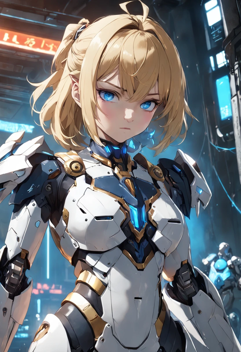 A woman, white mecha suit + black armor with silver parts, long, short golden hair, hair with bangs in front of her eyes, helmet on her head, sparkling blue eyes, looking at the viewer, ((( pose interacting and leaning [ on an object | on something in the environment]))), right-handed dungeon, with machines, robots, puppy, Surreal, Tense, Hot, Highly detailed, clear, Professional, 8K UHD, twilights, movie, Dark, Violent, plein air , river, buttle, well-detailed fingers, well-detailed hand, perfect_hands,chase, dramatic, vivid, tense atmosphere, rendered, epic, twilights, nffsw, album covers, blizzard, lightning, disaster, boiling lava waterfall, ((full length): 1.5). 16k, UHD, best possible quality, ultra detailed, best possible resolution, Unreal Engine 5, professional photography, perfect_hands, [princesa_zelda], ((zelda_breath_of_the_wild)),