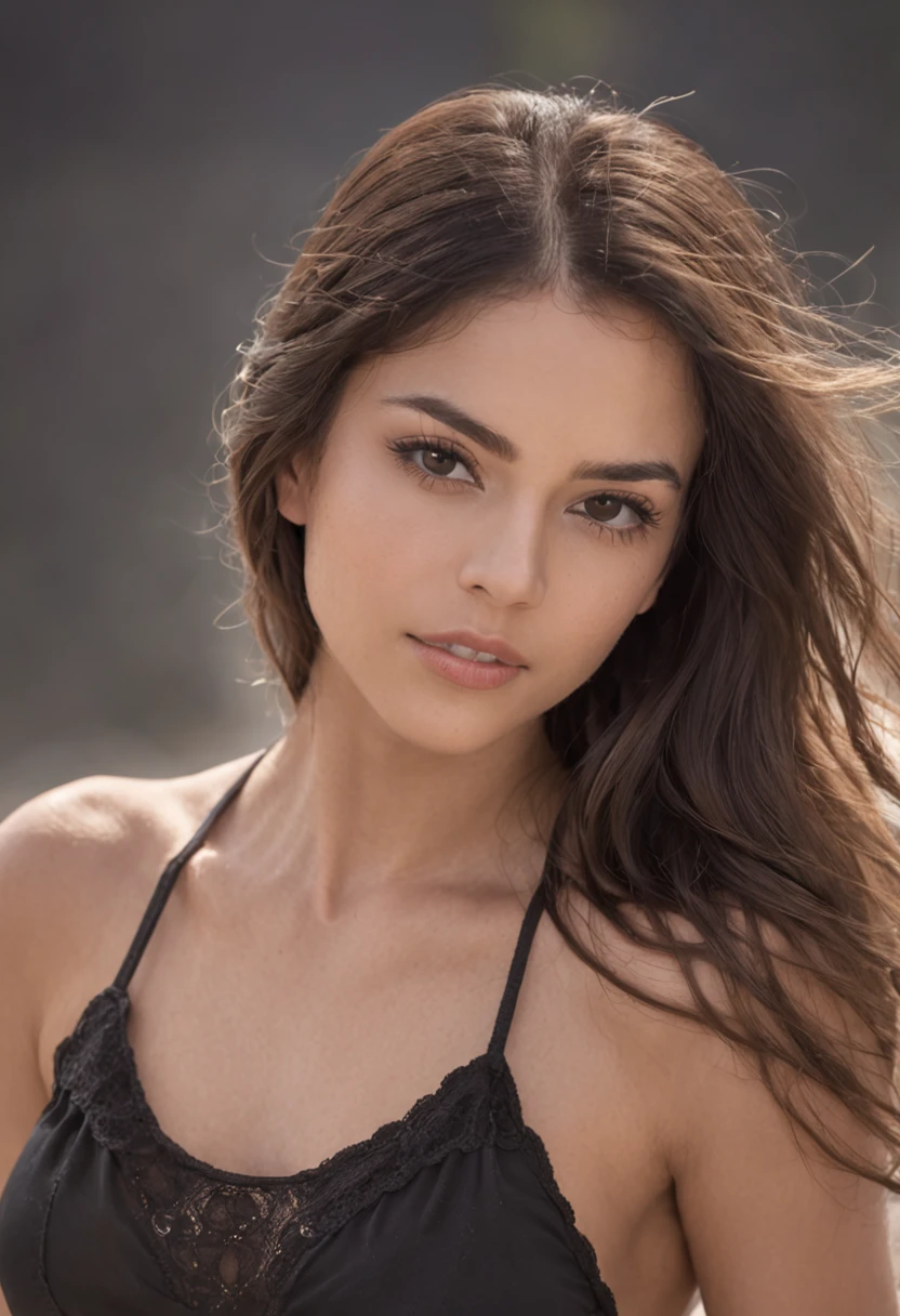 there is a 25-year-old woman, olhos castanhos, latino americana, posando para foto, numa praia, in black bikini, with arm covering breasts, , foto de modelo, corpo perfeito, foto realista, cabelo castanho, (garota bonita: 1.3) (cabelo: 1.3) Textura Facial e de Pele Altamente Detalhadas, (Pose)), (Sedutor)) melhor qualidade, 4k, Canon, entardecer, belos olhos e rosto detalhados, olhos castanhos,((pelos marrons:1.2)) ((corpo inteiro:1.3)) ((cabelos longos:1.2))