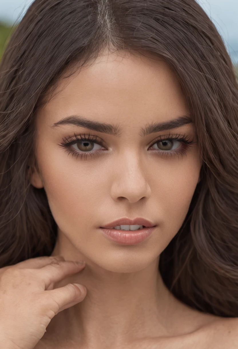 there is a 25-year-old woman, olhos castanhos, latino americana, posando para foto, numa praia, in black bikini, with arm covering breasts, menina sexy, foto de modelo, corpo perfeito, foto realista, cabelo castanho, (garota bonita: 1.3) (cabelo: 1.3) Textura Facial e de Pele Altamente Detalhadas, (Pose)), (Sedutor)) melhor qualidade, 4k, Canon, entardecer, belos olhos e rosto detalhados, olhos castanhos,((pelos marrons:1.2)) ((corpo inteiro:1.3)) ((cabelos longos:1.2))