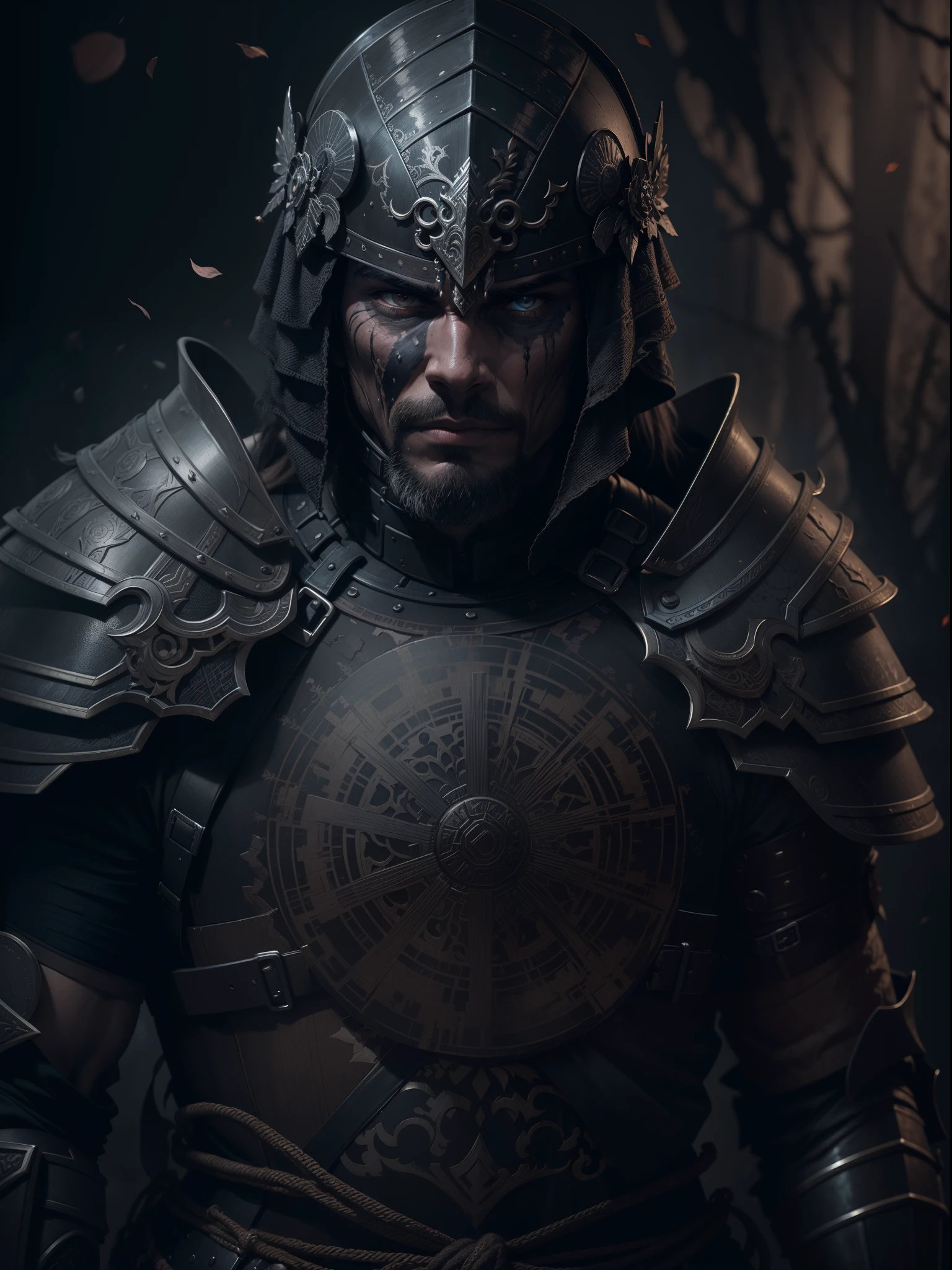 a highly detailed portrait of a man warrior with a scarred face in intricate black plate armor, mysterious dark nature background, high resolution, 4k, 8k