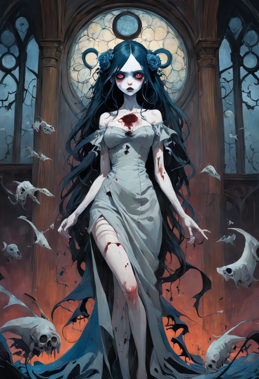 Laideur. Neogothic. Melancolic. In the style of Adrian Ghenie, Esao Andrews, Jenny Saville, Edward Hopper, surrealism, Dark Art par James Jean, Takato Yamamoto, Minimalisme inkpunk. Tim Burton. Dans le style de Corpse Bride.