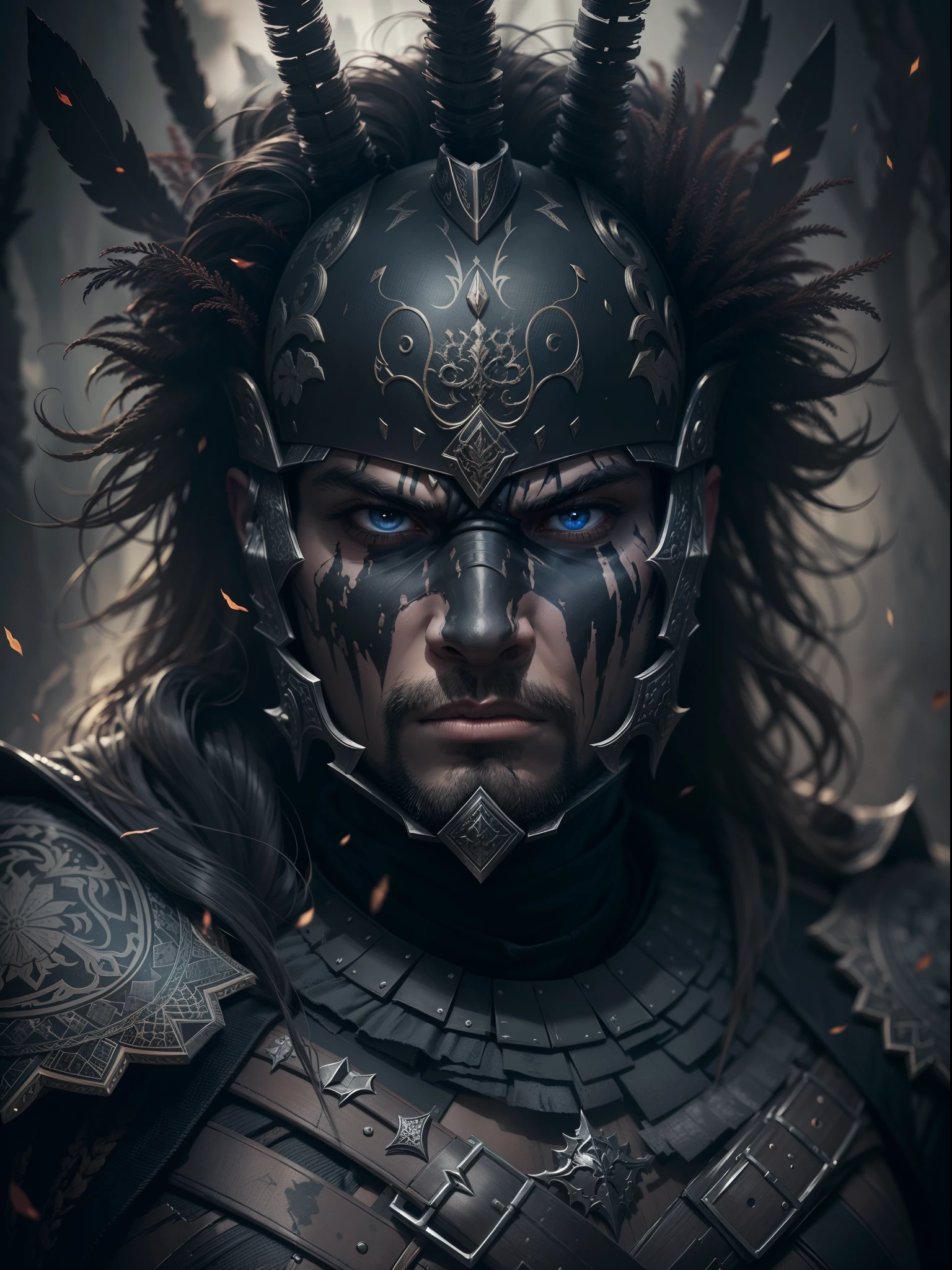 a highly detailed portrait of a man warrior with a scarred face in intricate black plate armor, mysterious dark nature background, high resolution, 4k, 8k