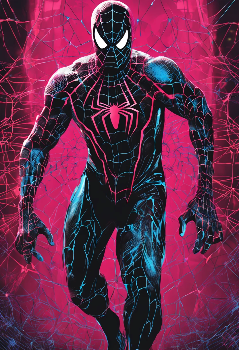 A realistic portrait of SpiderMan emerges, his face dark and dramatic in a zombie vision, his costume highlighted with webs bouncing in neon bioluminescence