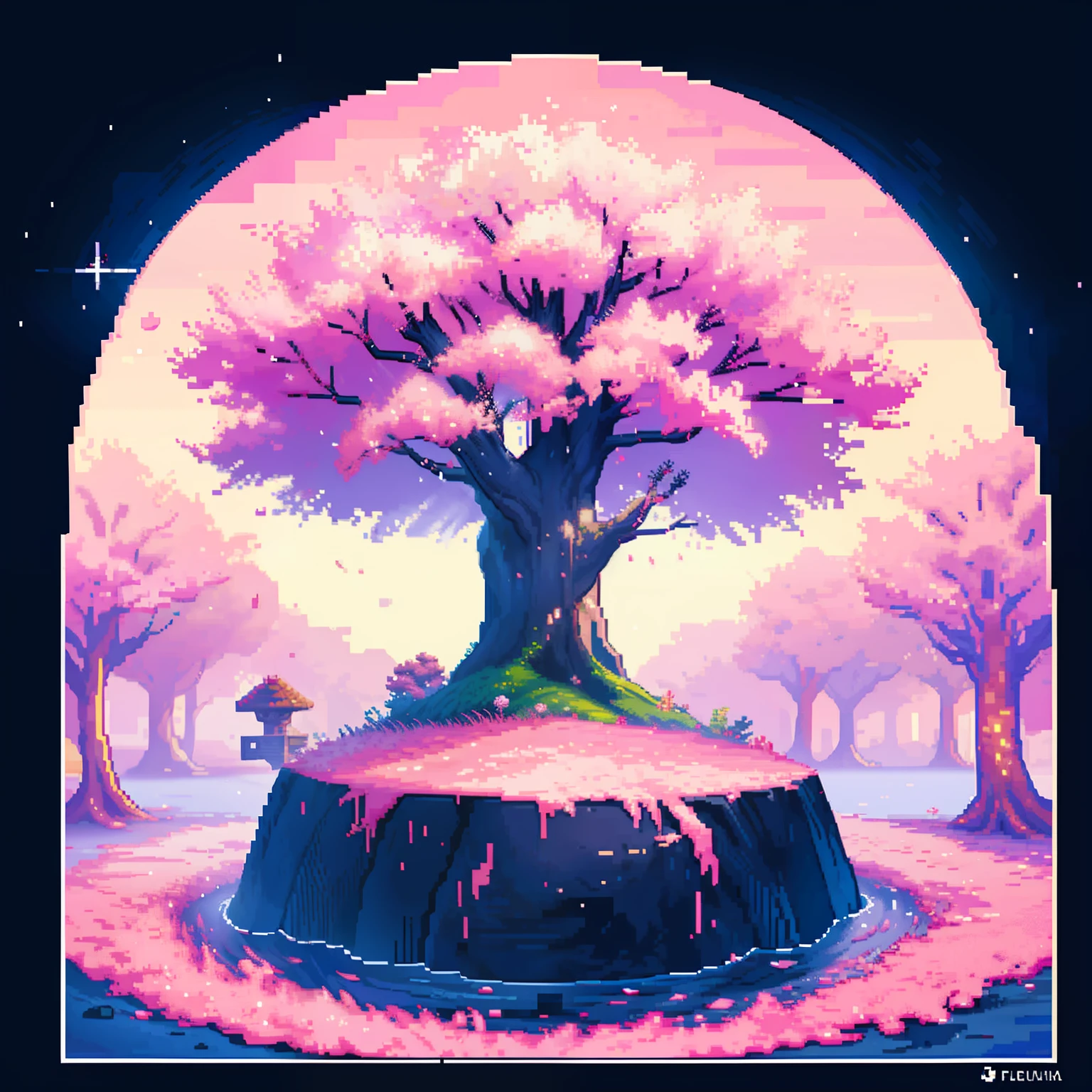 A Sakura tree, artistic, fantasy,con una placa de piedra en frente,grabados antiguos(((pixel art)))