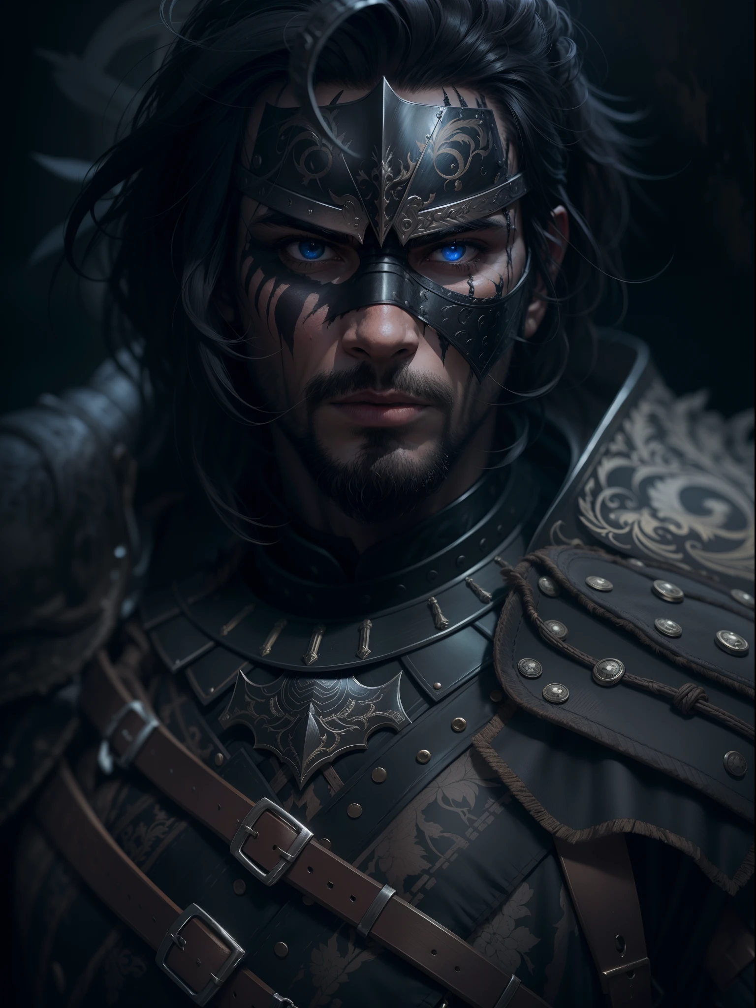 a highly detailed portrait of a man warrior with a scarred face in intricate black plate armor, mysterious dark nature background, high resolution, 4k, 8k