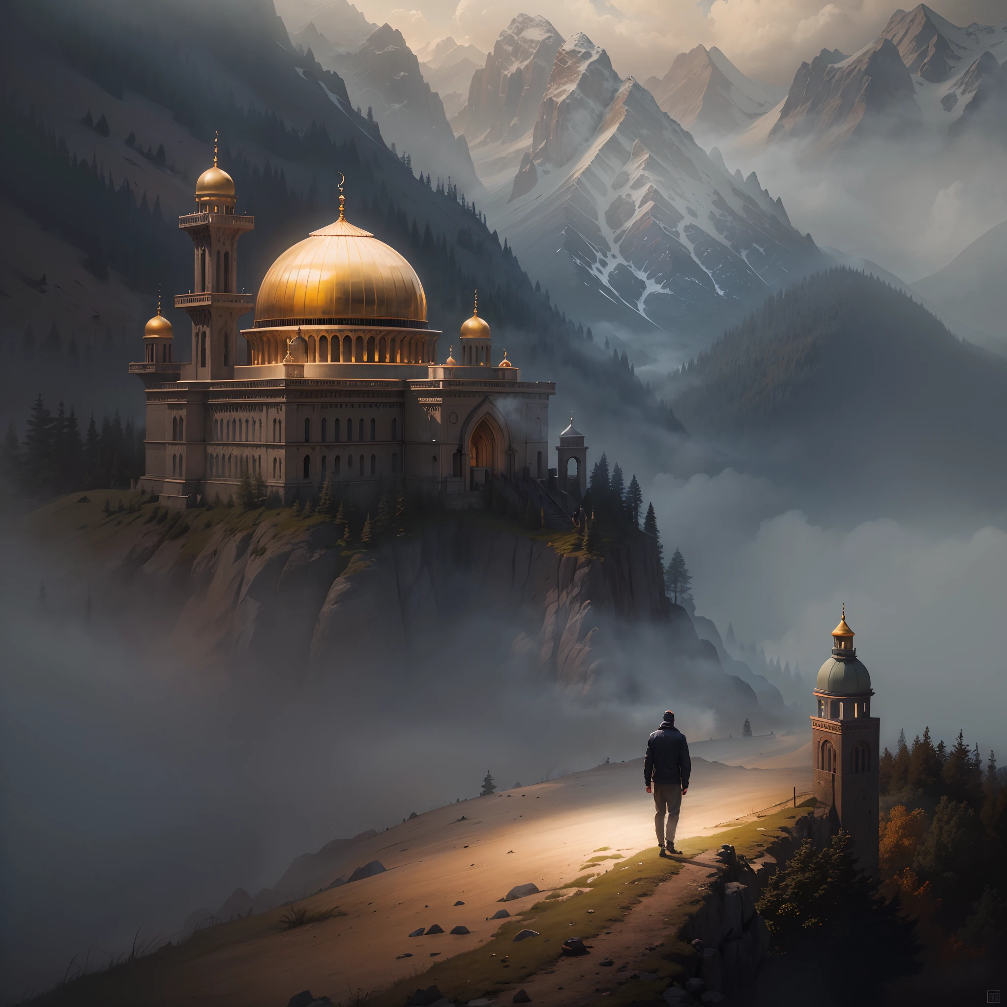 a man in front of mosque building, hight tower, golden dome, epic, fog, dawn, dramatic lighting, dim light, mountain, forest, cliff, architecture, hyperealistic, realistic, 32k, masterpiece, best quality