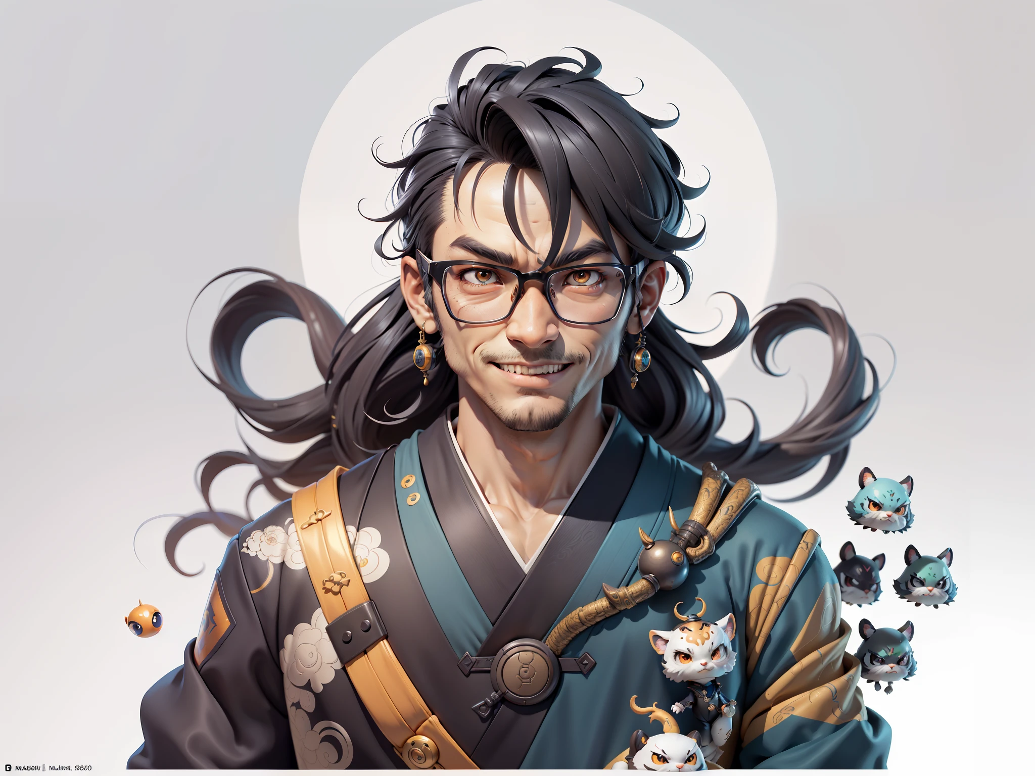 (Masterpiece), (Excellent), (Super Meticulous), (Full Body: 1.2), Super Young Man with Japanese Female Geisha, Pretty, Beautiful, Chinese Dragon, Tiger, Wind God Thor, Sexy, Bursting, Oriental Face, TV Anchor, Bust Portrait Illustration, Black Suit, Blue Tie, Slightly Chubby Face, Silver Glasses, Very Clean Face, No Beard on Chin, Black Super Short Hair, Black Eyes, Confident Smile, 3c Computer Sub-Products, iPad, iPhone, Digital Painting, 3D character design by Mark Clairedon and Pixar and Hayao Miyazaki and Akira Toriyama, the illustrations are HD illustrations in 4K resolution with highly detailed facial features and cartoon-style visuals.