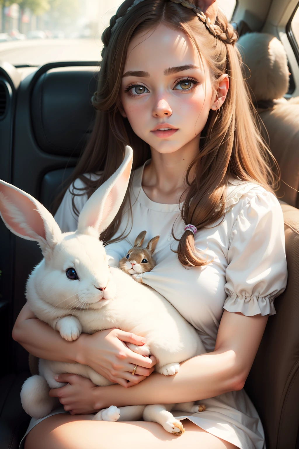 White girl, with light brown hair, with her white rabbit in her lap!