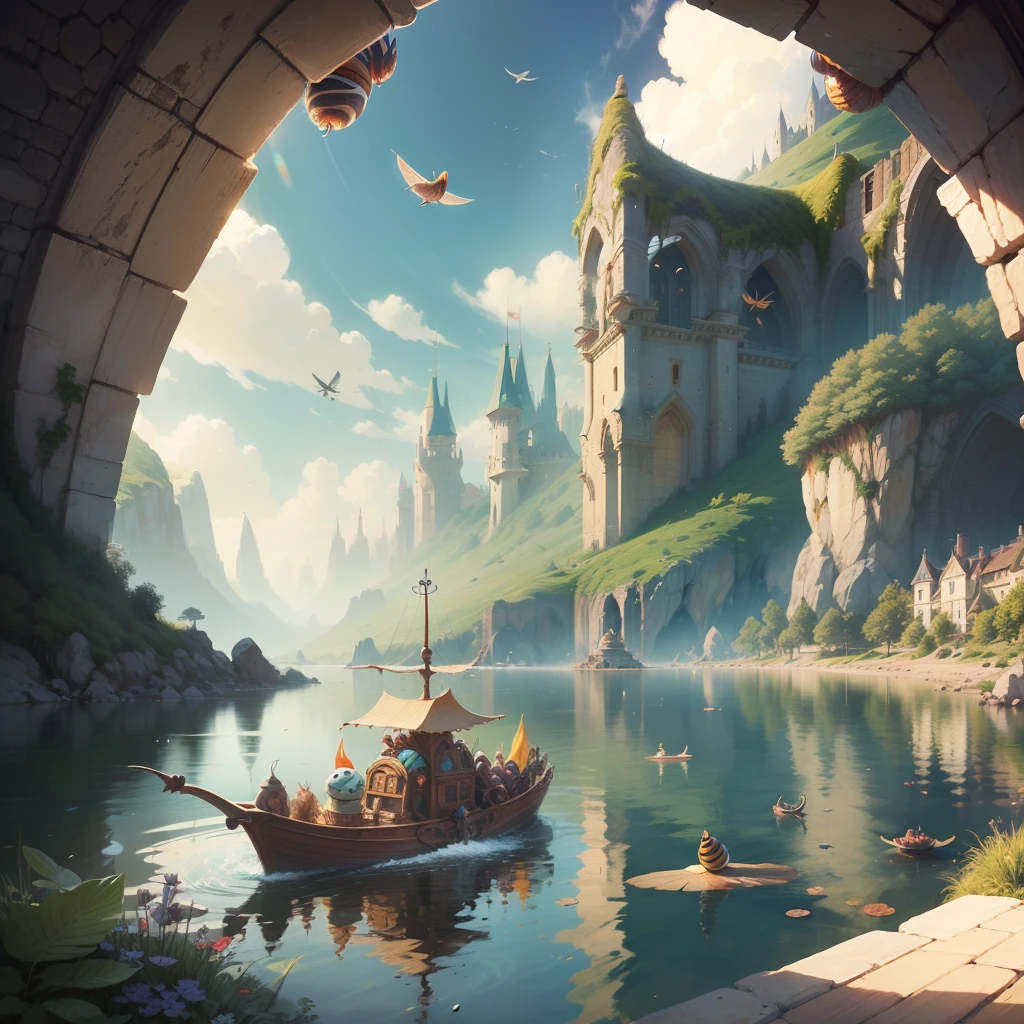 Fantasy, Cartoon illustration of a fantasy world with bizarre large caterpillars and snails, Flying over the surface of the lake, Everyone is cheerful and happy. close-up, cartoon style Disney Pixar. cinematic, Lots of details. Blurred fantasy background. light haze. --auto --s2