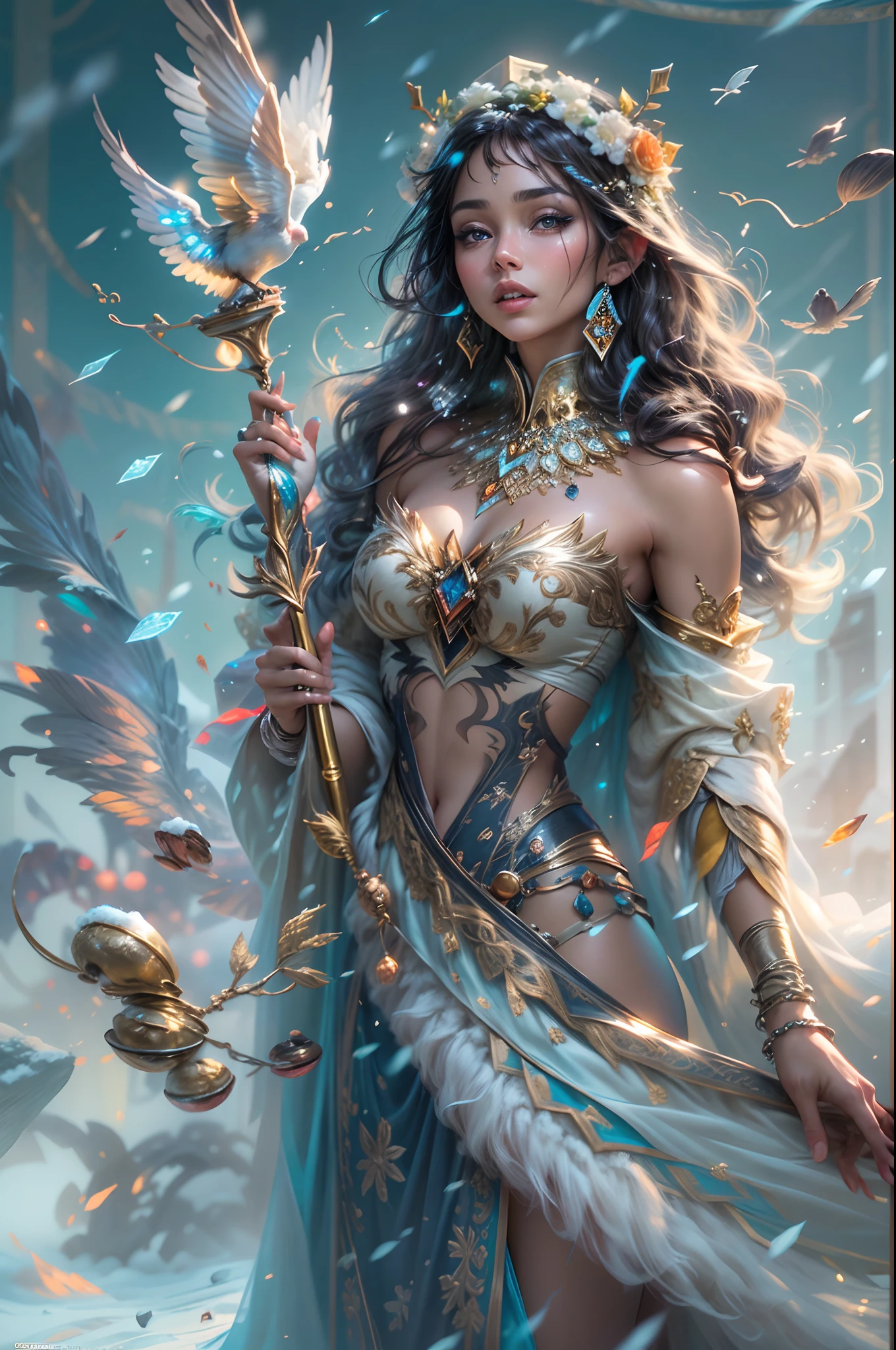 This is a realistic fantasy artwork taking place in a subzero cold winter landscape. Generate a stately, elegant, and graceful (((Pocahontas))) elf in a magical world of stunning gilded roses with multicolors and shimmering ice glittering in the light. Her face is elegant and middle-aged and includes realistic shading, incredibly detailed and distinct features, ((soft puffy and kissable mouth with a defined cupid's bow)), and (realistic eyes). (Her eyes are important) and should be (beautiful detailed eyes with macro details), realistic details, and a shifting array of beautiful blue colors. Her clothes should be delicately spun from weightless, airy, and expensive gossamer silk with delicate and very subtle floral embroidery, (((many warm layers))), and a variety of complementary colors as well as lots of luxurious fur. Her breasts are subtle and her clothing is very warm and heavy. This image is incredibly creative and emphasizes the beautiful detail of the gilded roses and the pure snow on the ornate ice. Include beautiful detailed snowflakes, icy air, and magical doves. Include pebbles, stones, bumps, glitter, and iridescence. Camera: Utilize dynamic composition techniques to draw the viewer into the scene. Lighting: Enhance the glitter of the snow and ice and emphasize the fantasy winter aspect of the image. Take inspiration from top masters of the genre and trending Midjourney and ArtStation art.