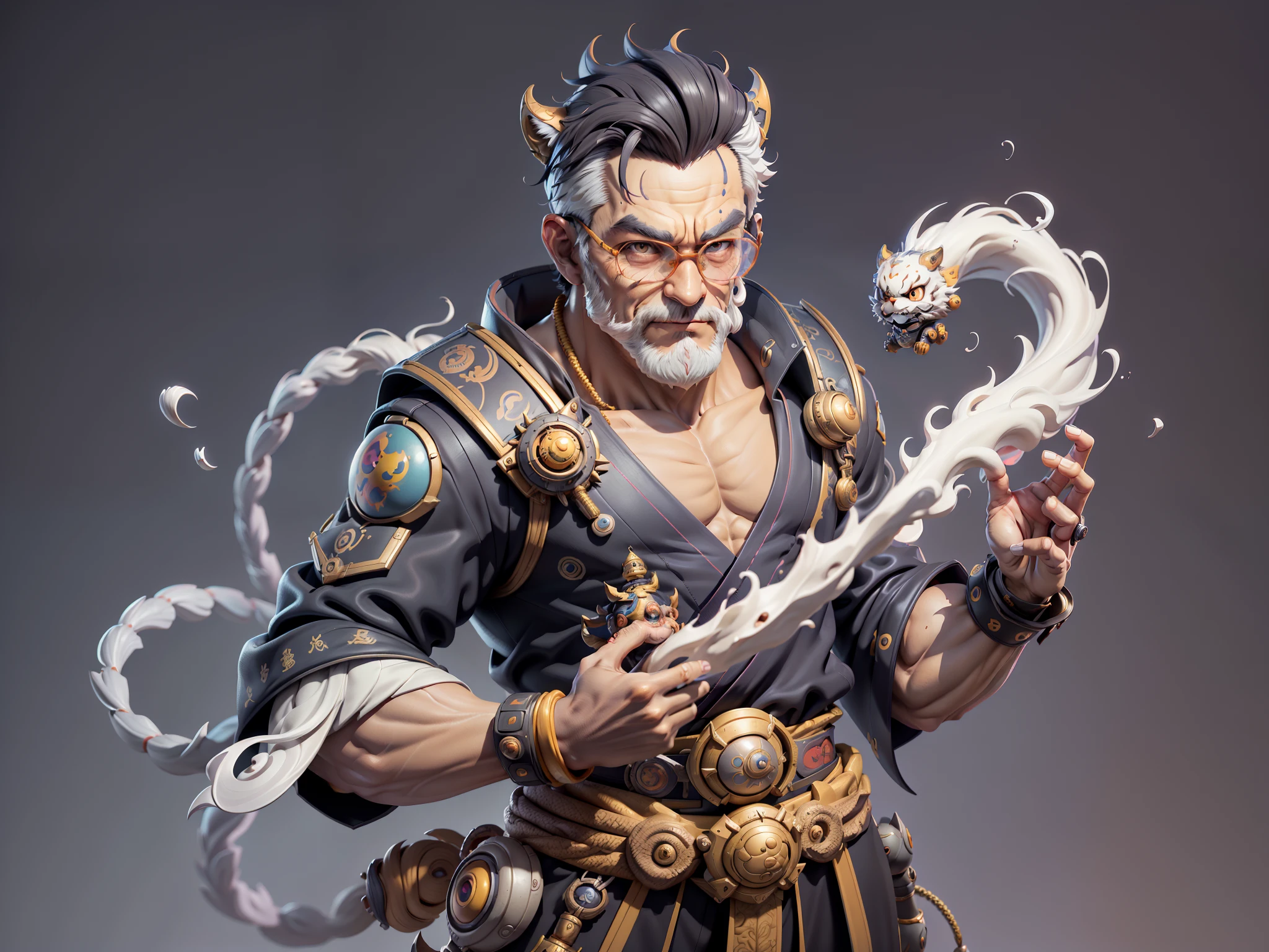 (Masterpiece), (Excellent), (Super Meticulous), (Full Body: 1.2), Super Young Man with Japanese Female Geisha, Pretty, Beautiful, Chinese Dragon, Tiger, Wind God Thor, Sexy, Bursting, Oriental Face, TV Anchor, Bust Portrait Illustration, Black Suit, Blue Tie, Slightly Chubby Face, Silver Glasses, Very Clean Face, No Beard on Chin, Black Super Short Hair, Black Eyes, Confident Smile, 3c Computer Sub-Products, iPad, iPhone, Digital Painting, 3D character design by Mark Clairedon and Pixar and Hayao Miyazaki and Akira Toriyama, the illustrations are HD illustrations in 4K resolution with highly detailed facial features and cartoon-style visuals.