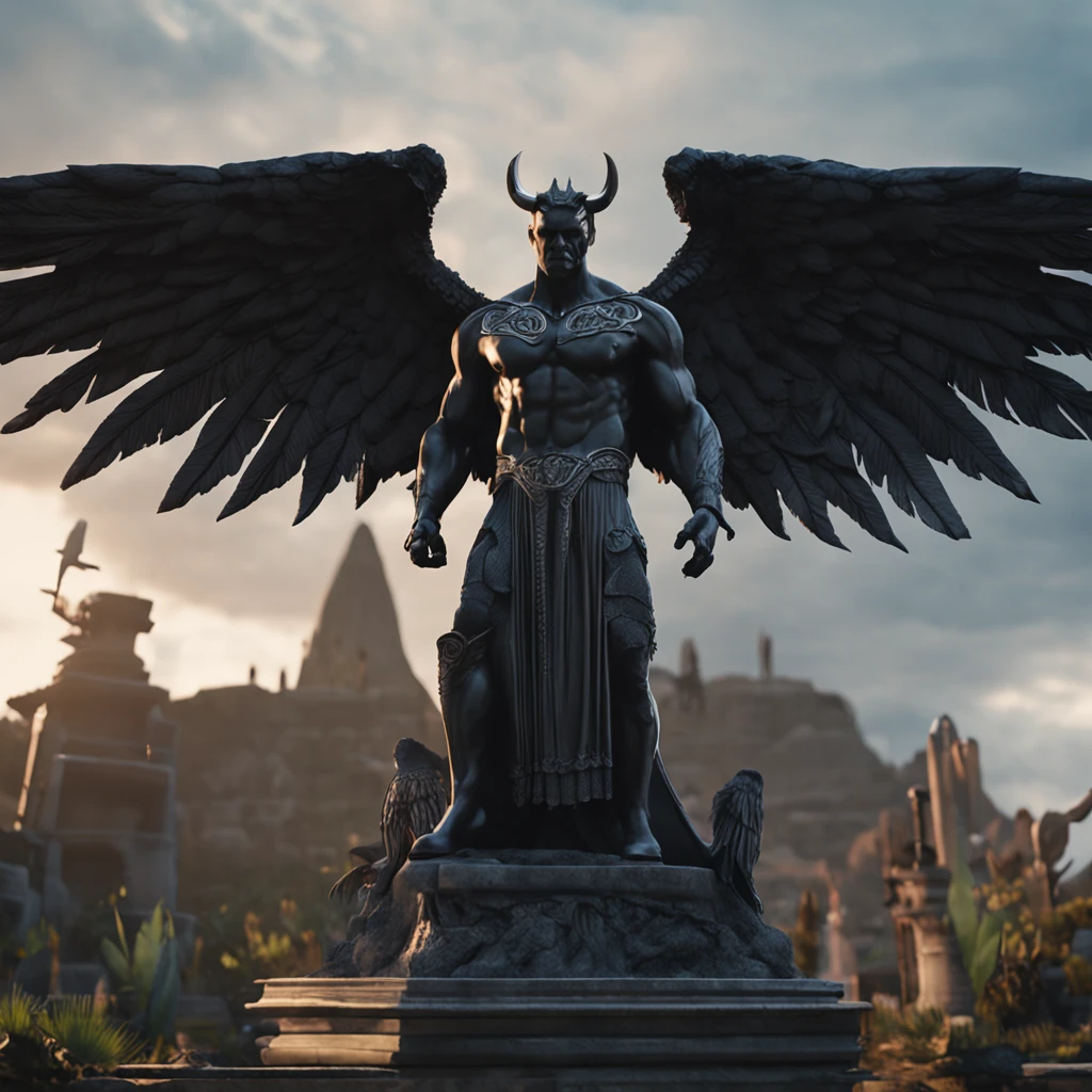 a close up of a noir black statue like male with large wings, humanoid male devoid of facial features, angel of death, unreal engine render + a god, villain has black wings, no face, muscular build, garden background, intricate garden background, y2k animation, gritty,