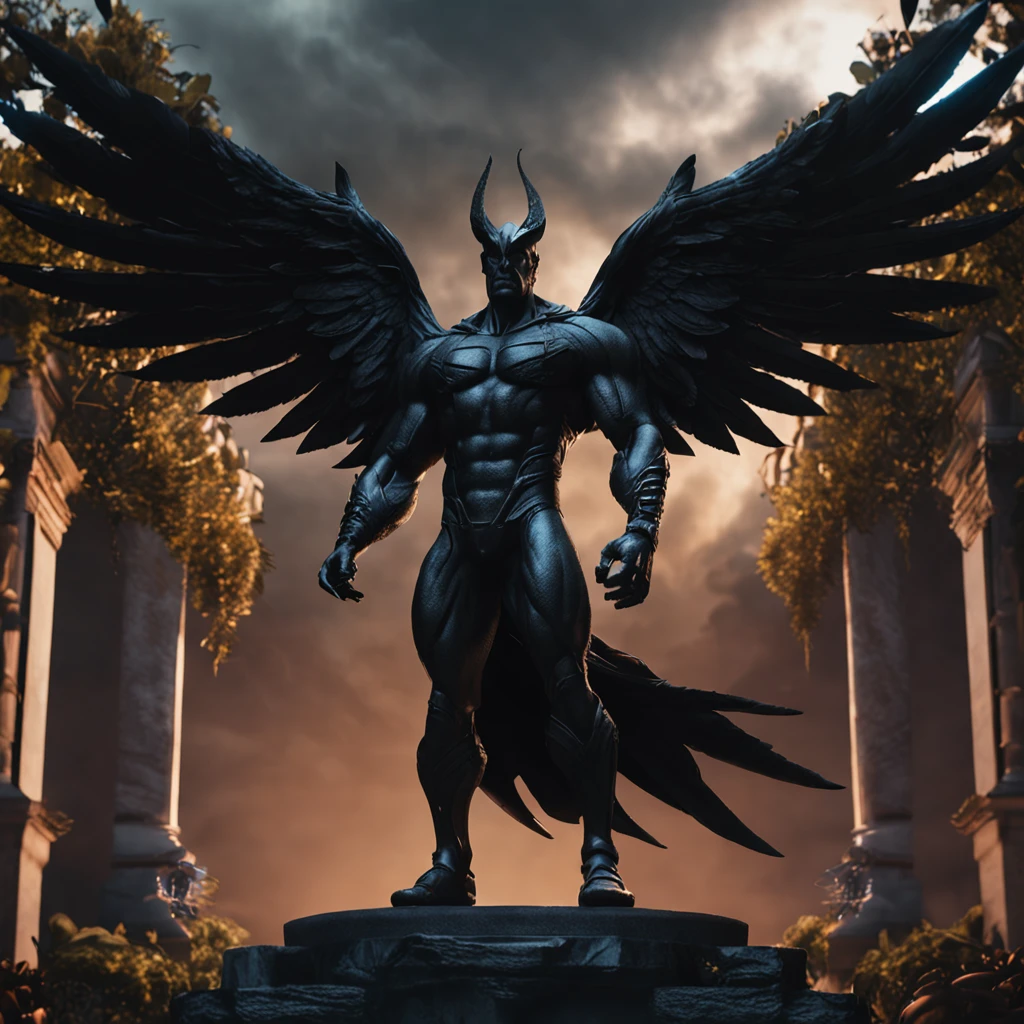 a close up of a noir black statue like male with large wings, humanoid male devoid of facial features, angel of death, unreal engine render + a god, villain has black wings, no face, muscular build, garden background, intricate garden background, y2k animation, gritty,