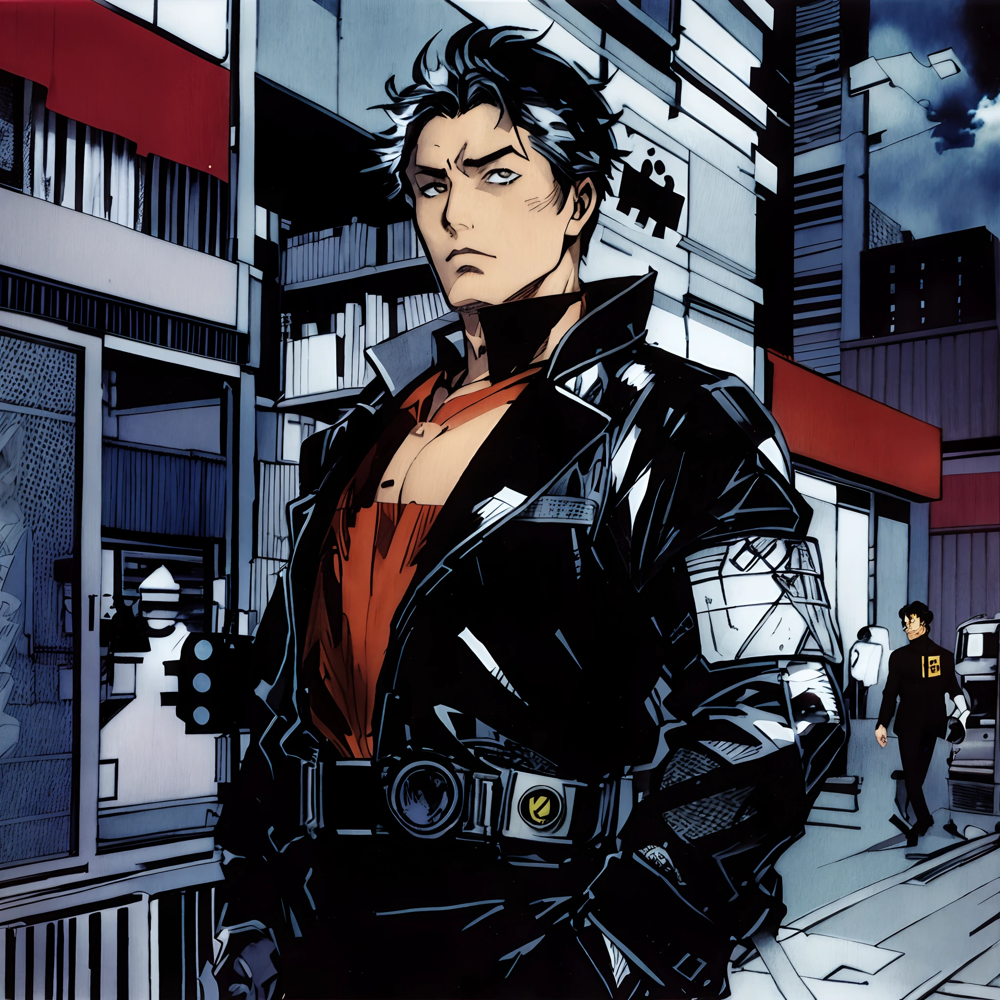 Batman in a black-and-white drawing of a man in a leather jacket, shohei otomo, inspired by Howard Chaykin, kazuya takahashi, Kentaro Miura's manga art style, John Romita Sr., shigenori soejima illustration, mike deodato jr, Chris Bachalo, inspired by Jim Lee, Katsuhiro Otomo style