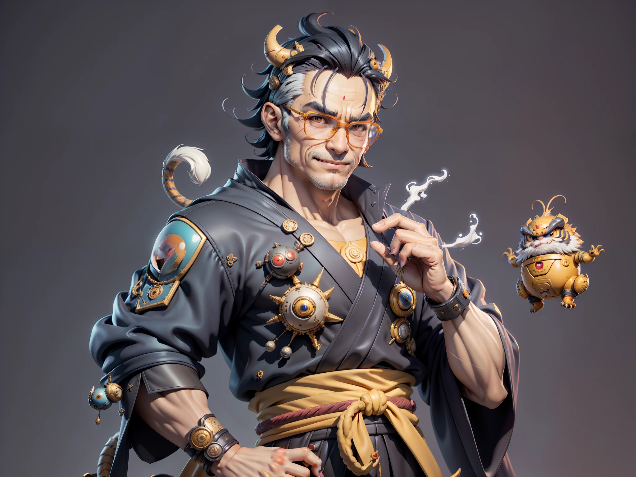 (Masterpiece), (Excellent), (Super Meticulous), (Full Body: 1.2), Super Young Man with Japanese Female Geisha, Pretty, Beautiful, Chinese Dragon, Tiger, Wind God Thor, Sexy, Bursting, Oriental Face, TV Anchor, Bust Portrait Illustration, Black Suit, Blue Tie, Slightly Chubby Face, Silver Glasses, Very Clean Face, No Beard on Chin, Black Super Short Hair, Black Eyes, Confident Smile, 3c Computer Sub-Products, iPad, iPhone, Digital Painting, 3D character design by Mark Clairedon and Pixar and Hayao Miyazaki and Akira Toriyama, the illustrations are HD illustrations in 4K resolution with highly detailed facial features and cartoon-style visuals.