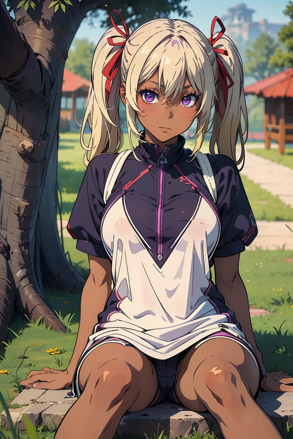 (masterpiece, best quality, ultra-detailed), 1girl, purple eyes, blonde hair, dark skin, twintails, looking at viewer, sitting, grass trees
