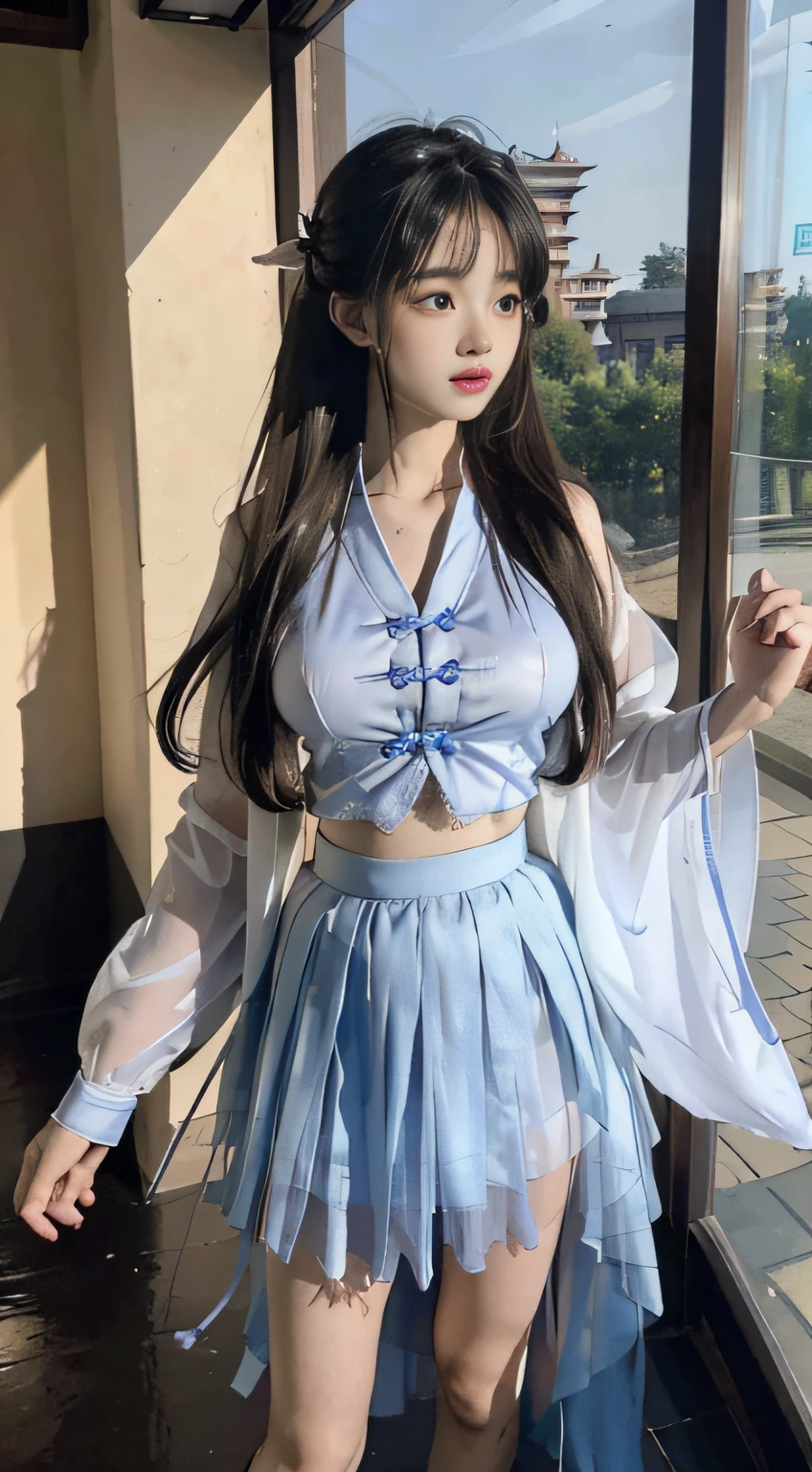 Master quality, highest quality, best picture quality, exaggerated details, a princess cute 8 yeal old, she is maturbate,(long hair / very, very exaggerated big breasts, big tits, in/open v hanfu  transparent fabric, short skirt), in xiaxia hanfu, lace silk