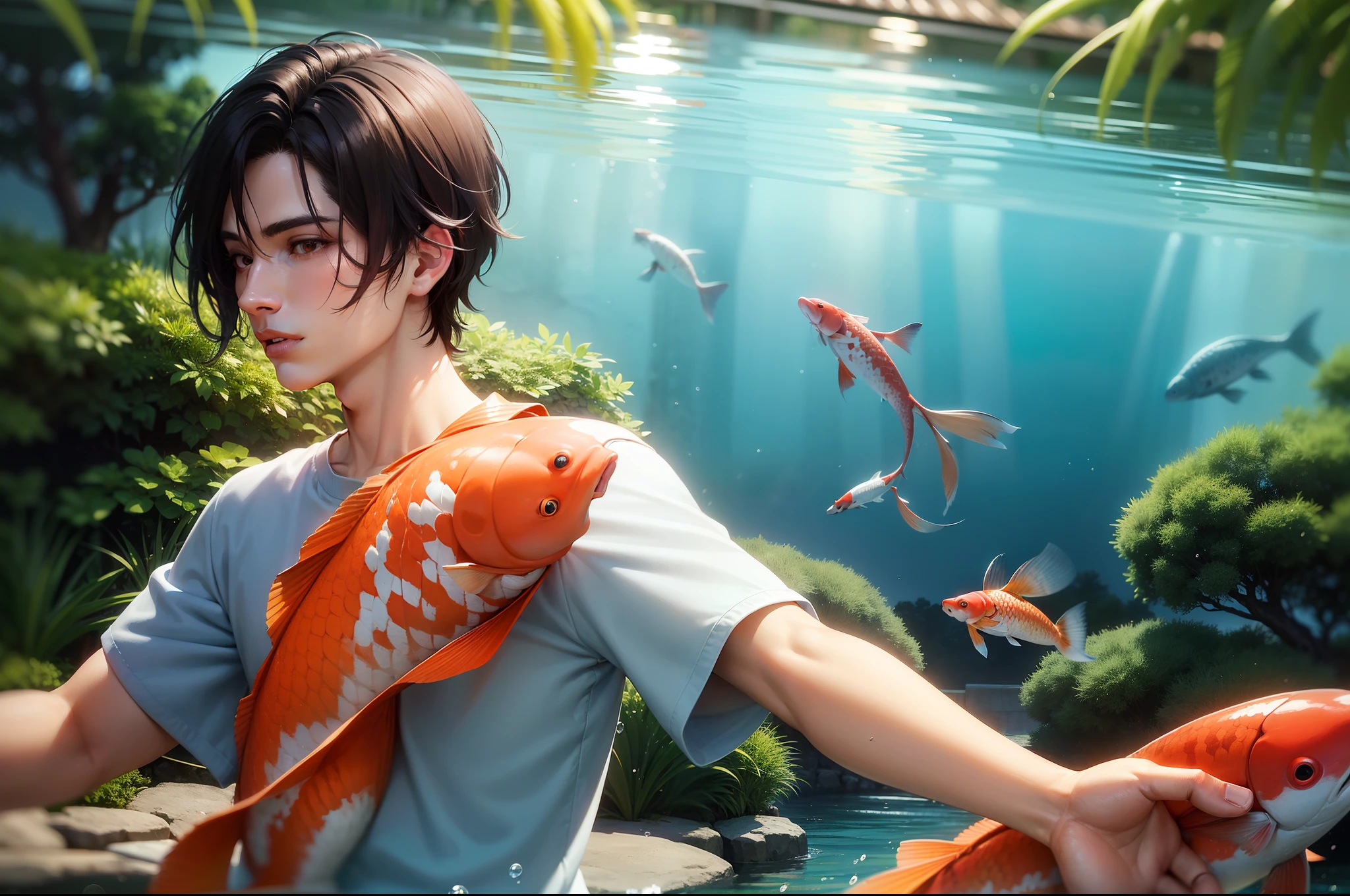 Portrait of a young man in bermudas, half body on water. He has medium long wet dark hair, athetic. Some medium and big size colourful Koi fishes diving and swimming underwater surrounding the young man, splashes of water. Japanese garden as background. Sunny day, wavy reflections of the sun underwater. Dynamic scene, colourful. Photorealistic.