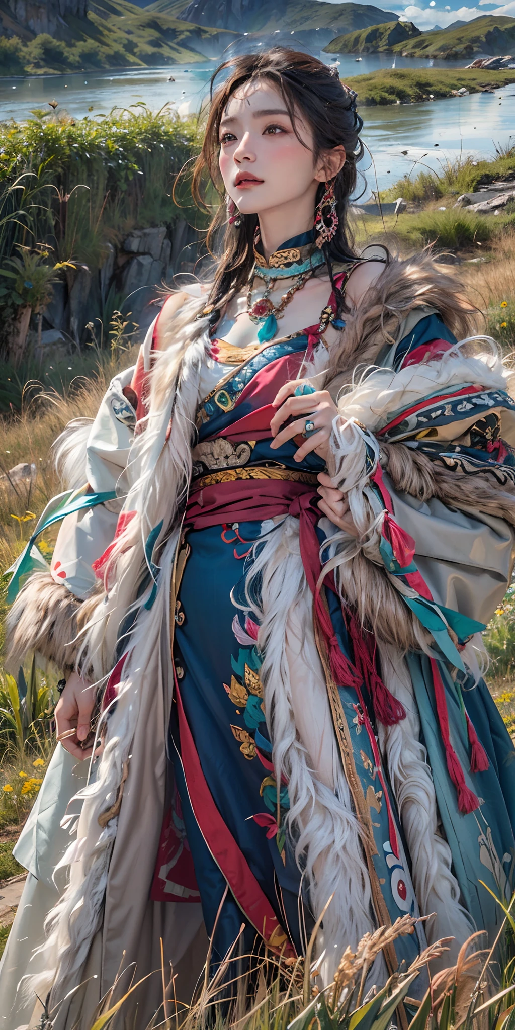 photorealistic, high resolution, soft light,1women, solo, hips up, shining skin, (detailed face), plateau,blue sky,grassland,extreme detailed,torogao, tibet clothes, fur coat, jewelry, tattoo