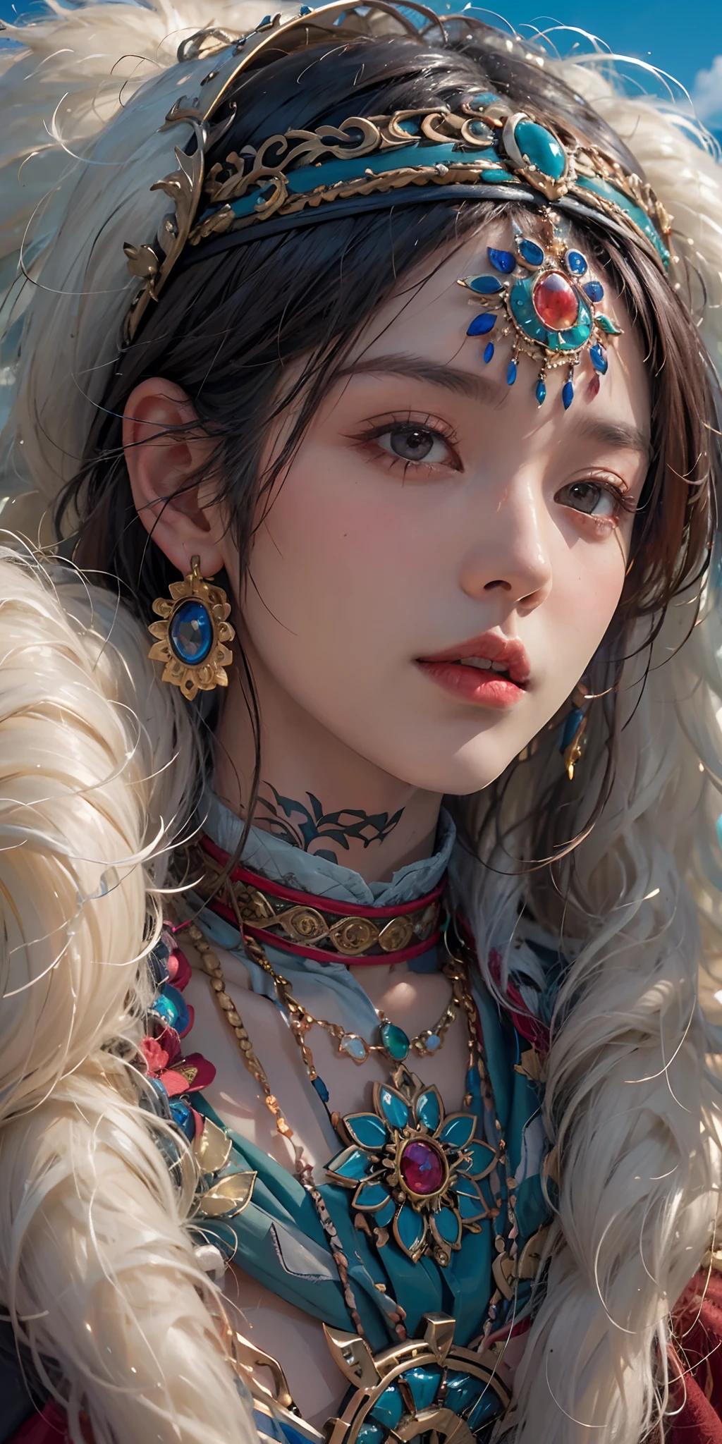 photorealistic, high resolution, soft light,1women, solo, hips up, shining skin, (detailed face), plateau,blue sky,grassland,extreme detailed,torogao, tibet clothes, fur coat, jewelry, tattoo