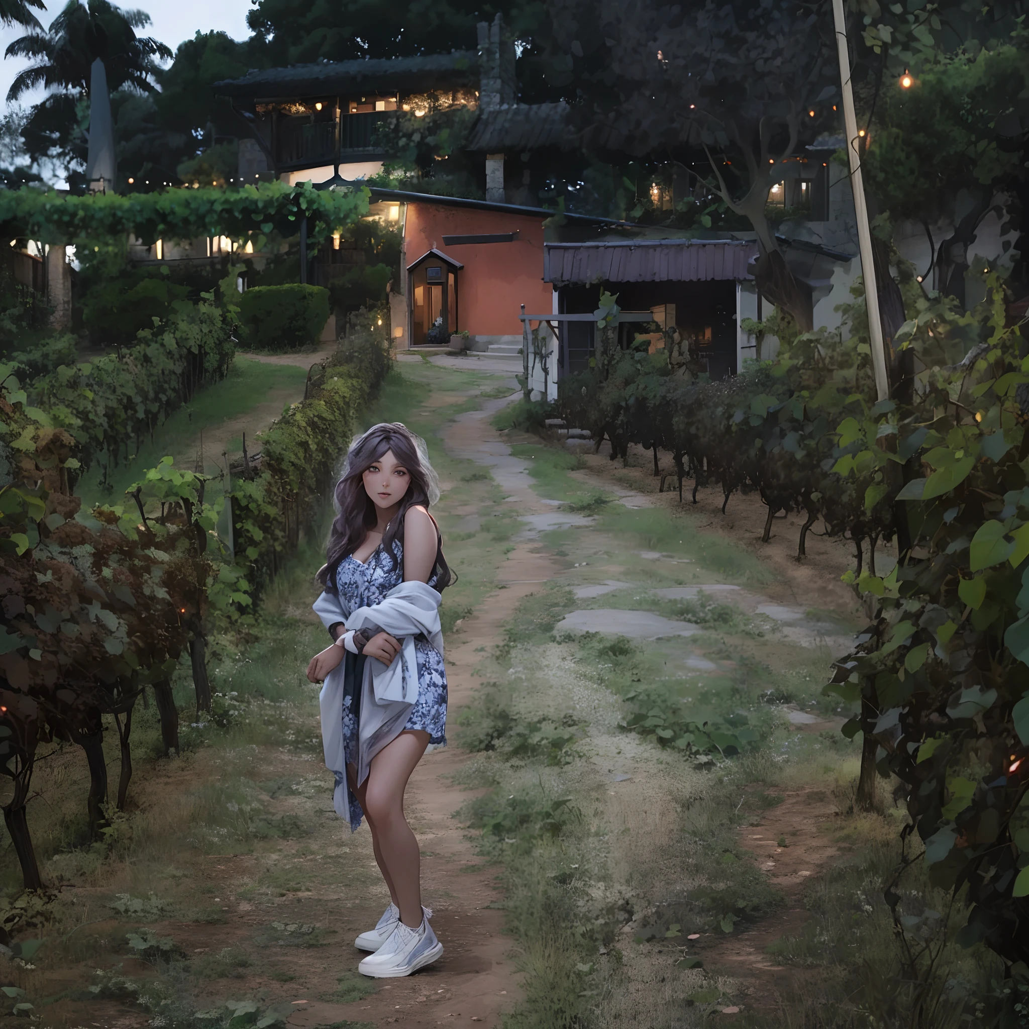 arafed woman walking down a path in a vineyard with a house in the background, clad in vines, entwined in vines and nature, with a few vines and overgrowth, connected to nature via vines, vines everywhere, vineyard, with ivy, full body photogenic shot, covered in vines, in garden, walking at the garden, vine covered