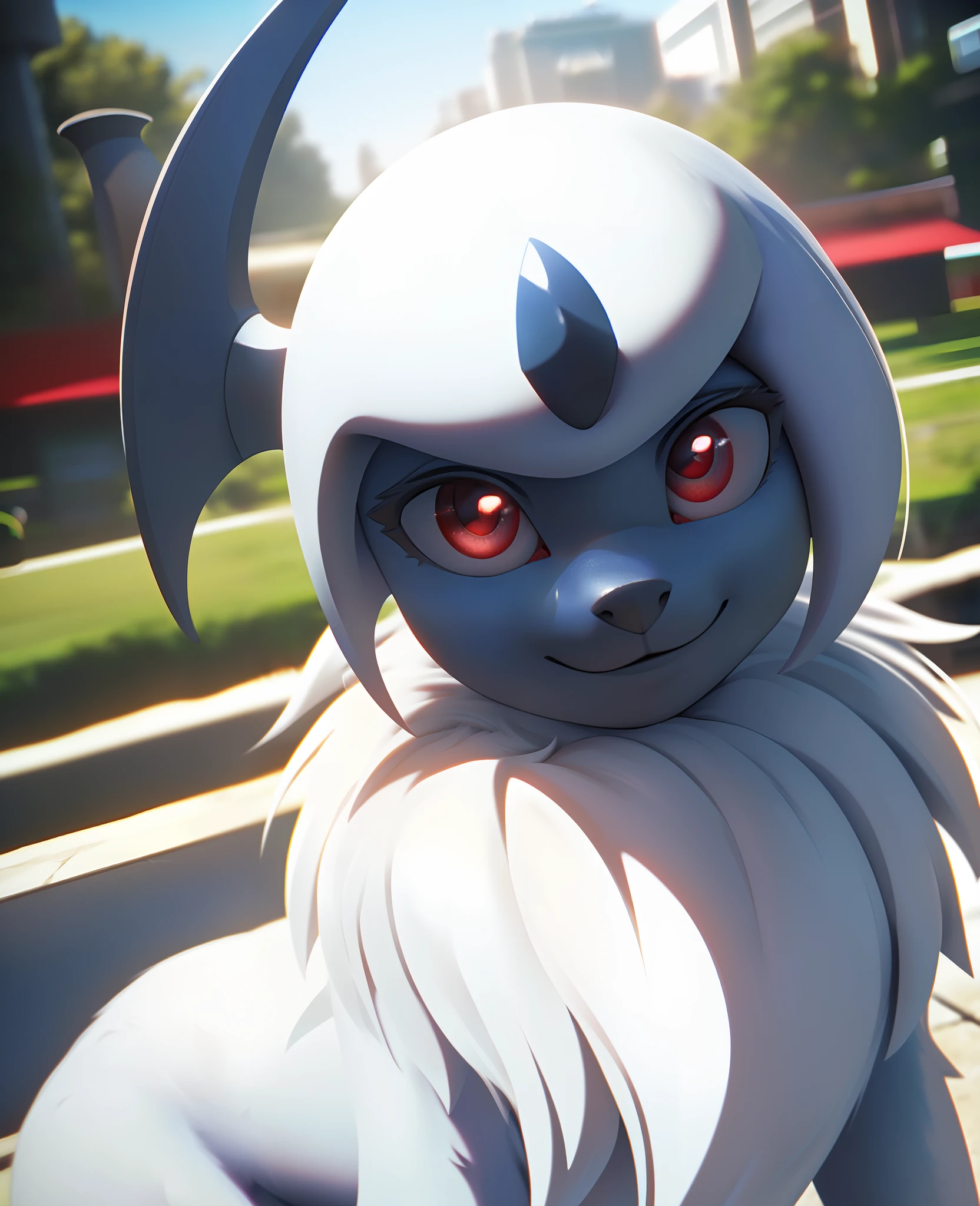 (high detail, film photography, soft focus, soft shaded, RAW candid cinema, photorealism:1.2, realistic, photorealistic:1.4, analog style, subsurface scattering, masterpiece, best quality, ultra realistic, 8k),, Absol, Pokemon, white fur, grayish horn, red eyes, smiling, cute, masterpiece, full body