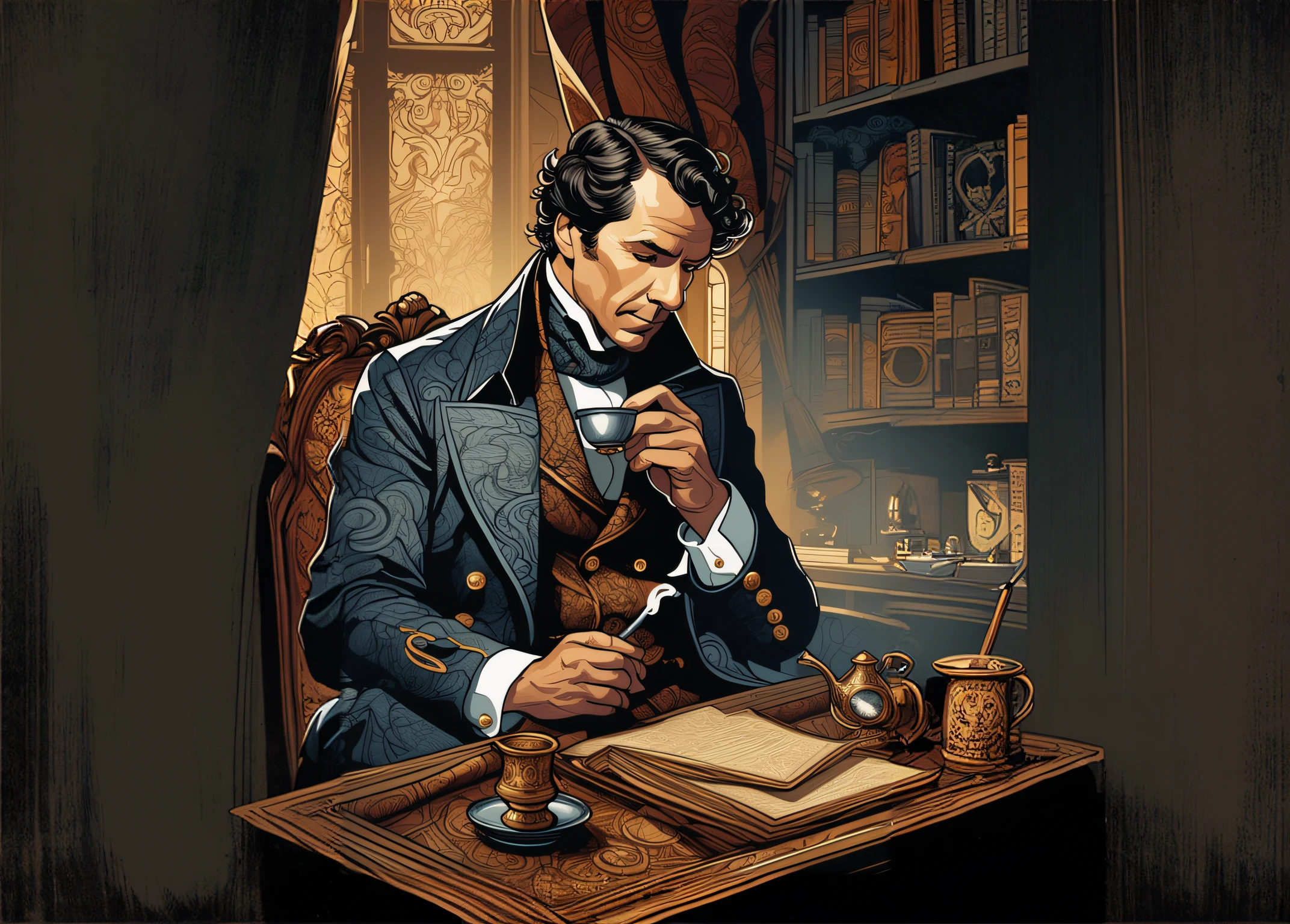 Imagem de um homem sentado em uma mesa Com um livro e uma lupa, Martin Ansin, Retrato da obra, Martin then, Retrato de SherloCk Holmes, um retrato do personagem, SherloCk Holmes, Directed by: Mark Brooks, j. C. LeyendeCker 8 K, Por Joe Fenton, epic full color illustration, full-colour illustration