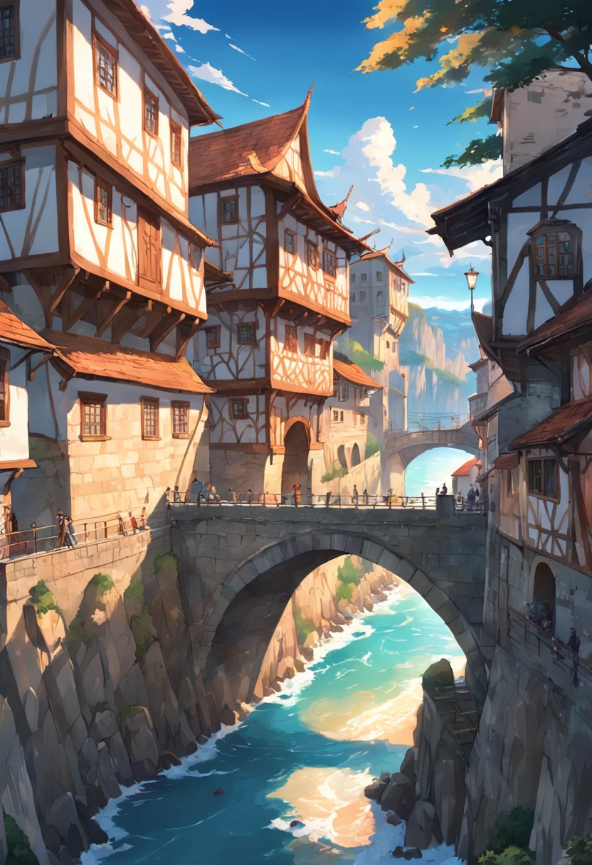 Vista de uma cidade, de longe, medieval, muralhas de pedras amareladas, Coastal, uma ponte estilo romana ligando uma ilha com essa cidade, sun sunset, multiple entrance gates, estradas pavimentadas, Germanic medieval style, desenho colorido, estilo anime.