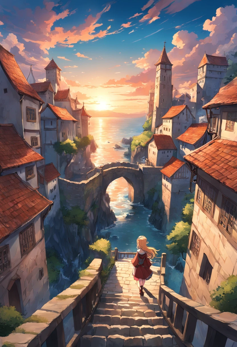 Vista de uma cidade, de longe, medieval, muralhas de pedras amareladas, Coastal, uma ponte estilo romana ligando uma ilha com essa cidade, sun sunset, multiple entrance gates, estradas pavimentadas, Germanic medieval style, desenho colorido, estilo anime.