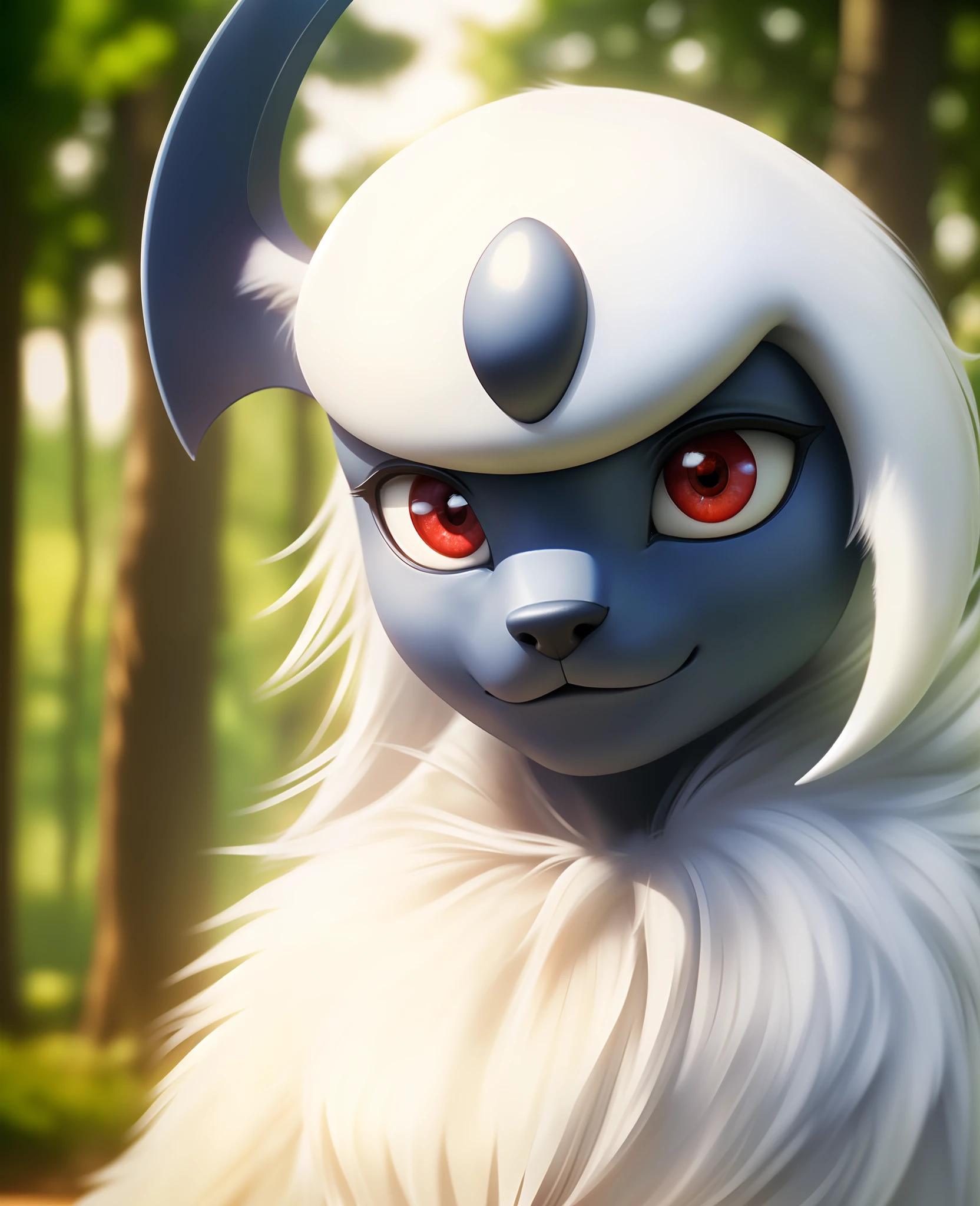 (high detail, film photography, soft focus, soft shaded, RAW candid cinema, photorealism:1.2, realistic, photorealistic:1.4, analog style, subsurface scattering, masterpiece, best quality, ultra realistic, 8k),, Absol, Pokemon, white fur, grayish horn, red eyes, smiling, cute, masterpiece, full body