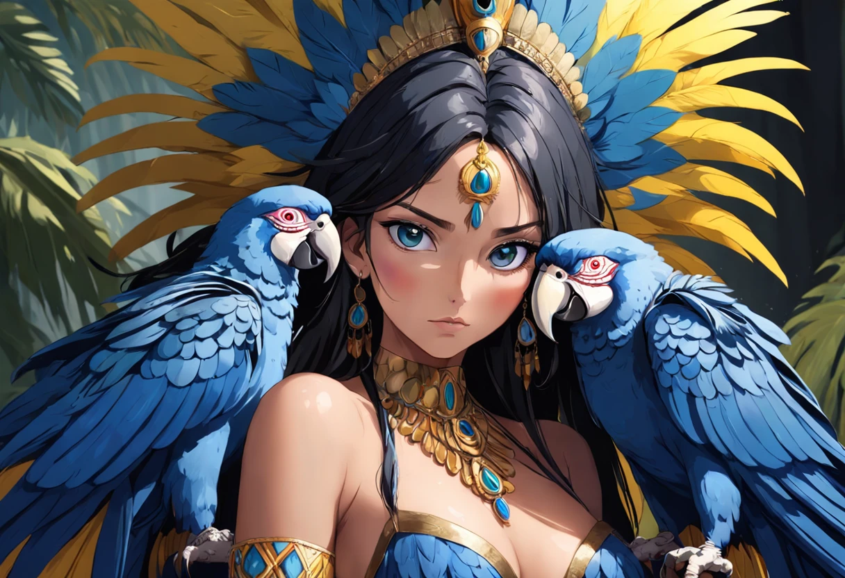 In this breathtaking RAW photograph, we witness the captivating beauty of a Xavante India girl. With her gaze averted and serious eyes, she emanates a sense of depth and intensity. Her full body is adorned with an extraordinary feature - her hair, composed of countless macaw blue parrot feathers, cascades down her back. Her honey eyes hold an enchanting allure, adding to the overall allure of this masterpiece. The realism captured in this image is of the highest quality, showcasing the artist's exceptional skill. The model's extreme tanned skin and long, straight black hair that falls gracefully over her bare chest create a striking contrast. Adorned with a magnificent headdress made of huge macaw blue parrot feathers, her features are further accentuated, including her prominent cheeks, long legs, and curvaceous figure. The indigenous yellow and green breast and facial paintings add a touch of cultural authenticity to the composition. The model's naturally hairy body is complemented by a stunning macaw blue parrot feather necklace. Her face, with a regal aura, is framed by a metal carved top, creating an air of sophistication. This artwork has gained considerable popularity, trending on platforms like ArtStation, and is signed by the talented artist known as bugmAIster. The sharp focus and studio setting highlight the intricate details of this photograph, particularly the model's expressive eyes. It is a digital render created with professional expertise, ensuring a 4k resolution. The use of a 50mm portrait lens and hard rim lighting technique adds depth and dimension to the image, elevating it to a truly remarkable piece of art., HDR, UHD, 64k, RTX, sharp, sharp focus, highly detailed, intricate detail, professional, artistic flow, ultra detailed, high resolution photography