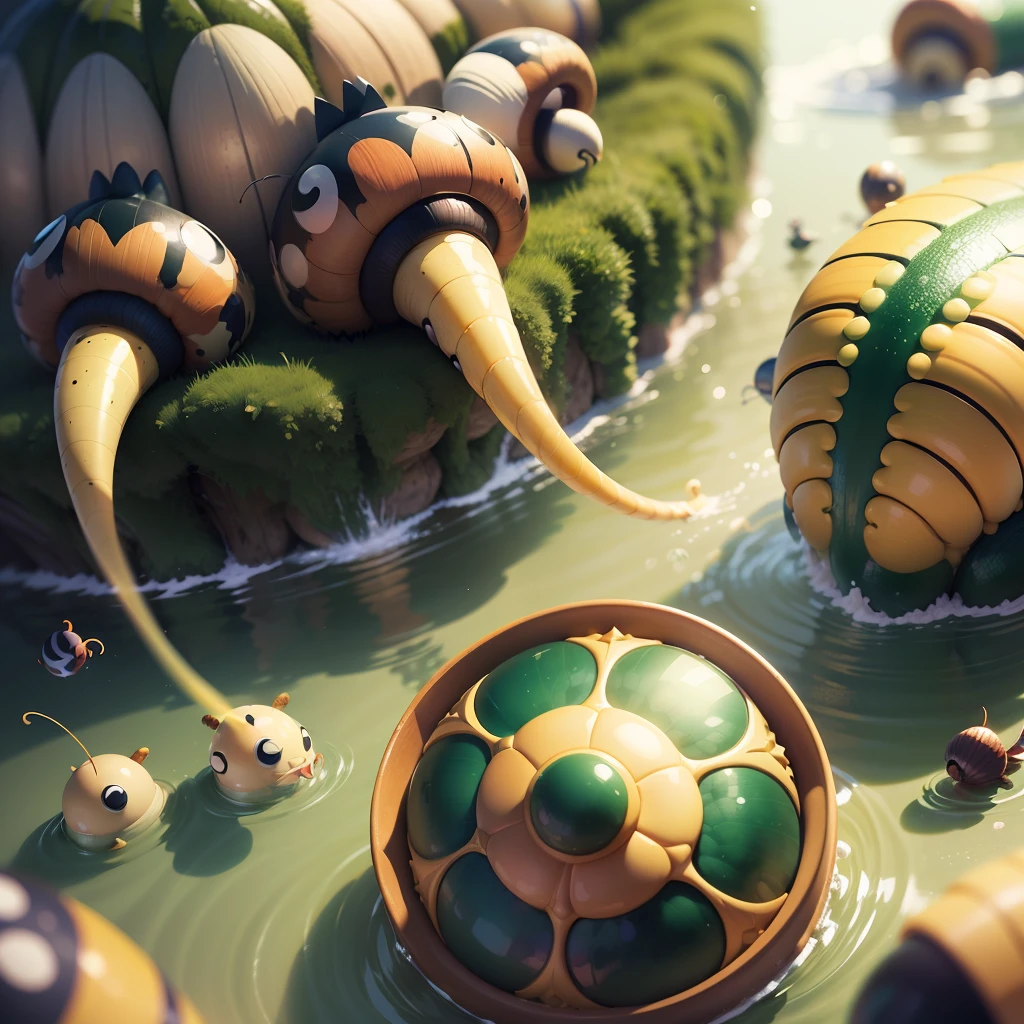 Fantasy, Cartoon illustration of a fantasy world with bizarre large caterpillars and snails, Flying over the surface of the lake, Everyone is cheerful and happy. close-up, cartoon style Disney Pixar. cinematic, Lots of details. Blurred fantasy background. light haze. --auto --s2