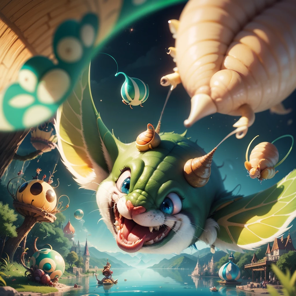 Fantasy, Cartoon illustration of a fantasy world with bizarre large caterpillars and snails, Flying over the surface of the lake, Everyone is cheerful and happy. close-up, cartoon style Disney Pixar. cinematic, Lots of details. Blurred fantasy background. light haze. --auto --s2