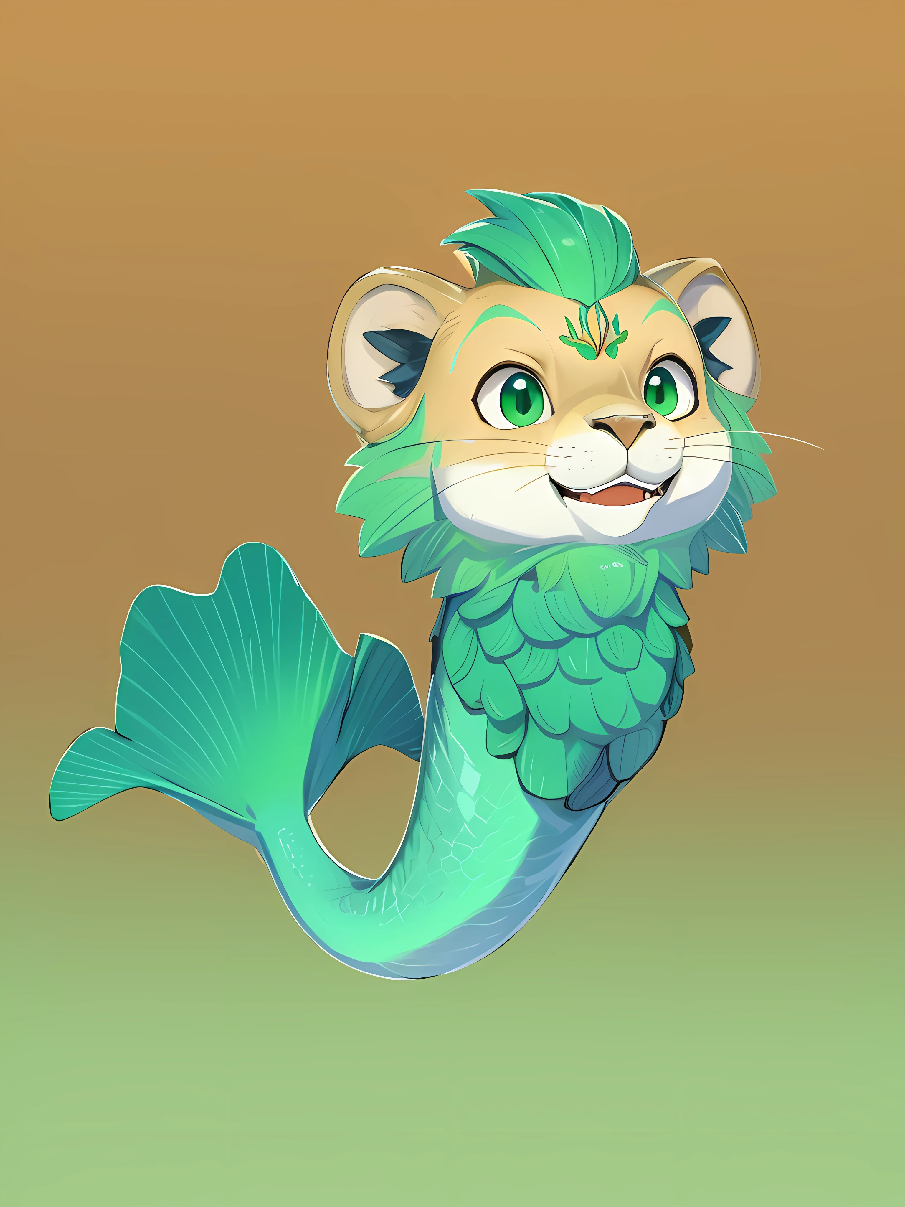 tmasterpiece, Lion's head fish, With a smile, Fish length, （Low saturation green gradient：Body、whair, Lovely head）,single body, High-quality portraits，tack sharp focus， 16k， （Lion cubs）， （sbeard）， Solo creatures， full-shot，（white backgrounid）,