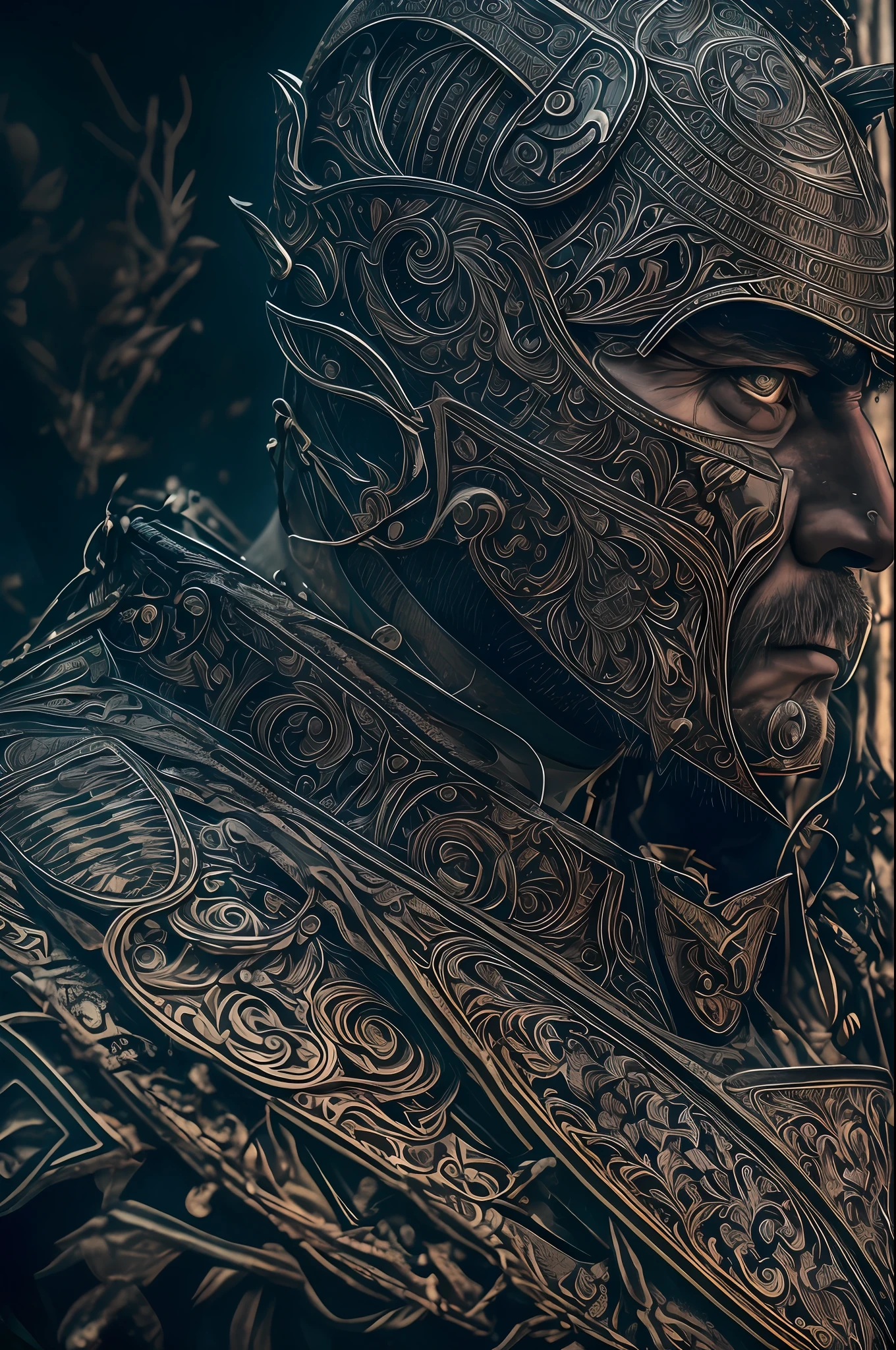 a highly detailed portrait of a man warrior with a scarred face in intricate black plate armor, mysterious dark nature background, high resolution, 4k, 8k