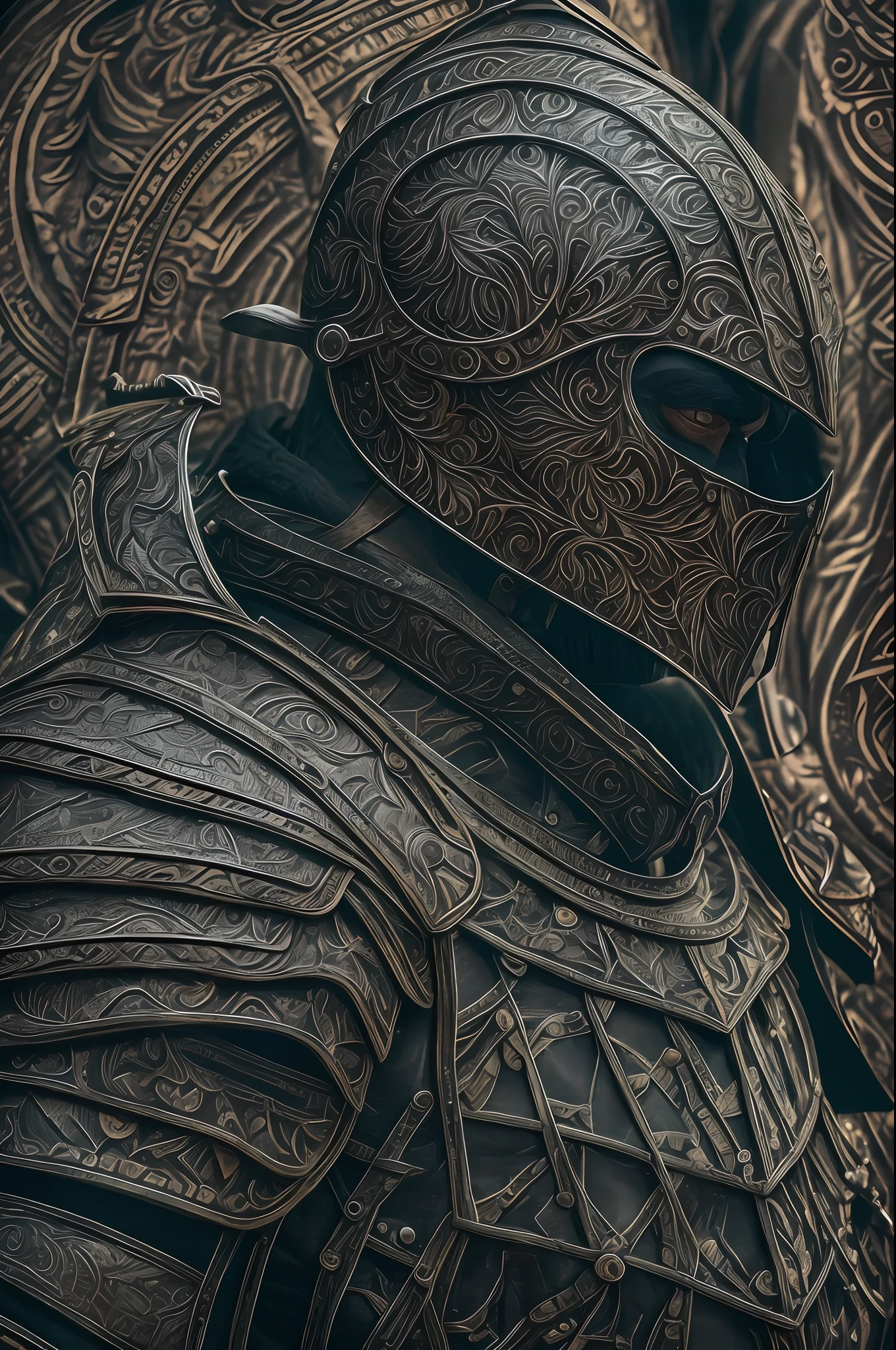 a highly detailed portrait of a man warrior with a scarred face in intricate black plate armor, mysterious dark nature background, high resolution, 4k, 8k