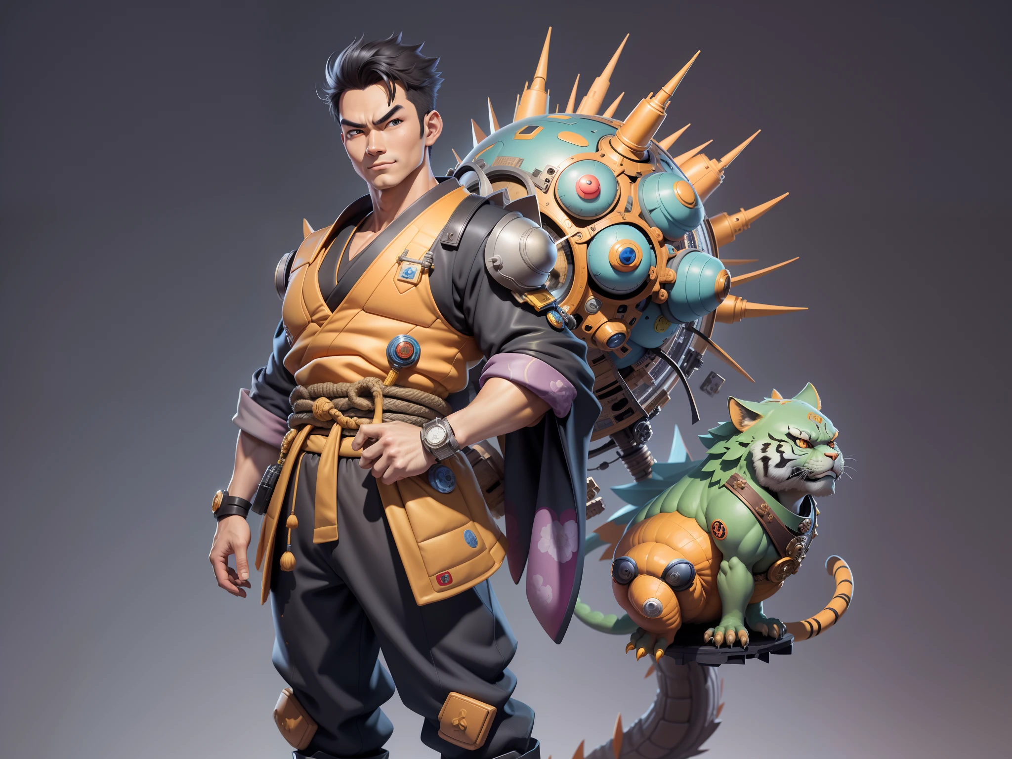 (Masterpiece), (Excellent), (Super Meticulous), (Full Body: 1.2), Super Young Man, Oriental Face, Japanese Kimono, Japanese Wind Thunder God, Dragon, Tiger, TV Anchor, Bust Portrait Illustration, Alone, Black Suit, Blue Tie, Slightly Chubby Face, Very Clean Face, No Beard, Black Super Short Hair, Black Eyes, Confident Smile, 3c Computer Sub-Products, iPad, iPhone, Digital Painting, 3D Character Design by Akira Toriyama and Mark Claireden and Pixar and Hayao Miyazaki, The illustration is a high-definition illustration in 4K resolution with very detailed facial features and cartoon-style visuals.