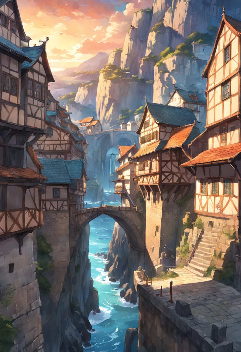Vista de uma cidade, de longe, medieval, muralhas de pedras amareladas, Coastal, uma ponte grande estilo romana ligando uma ilha com essa cidade, sun sunset, multiple entrance gates, estradas pavimentadas, Germanic medieval style, desenho colorido, estilo anime.